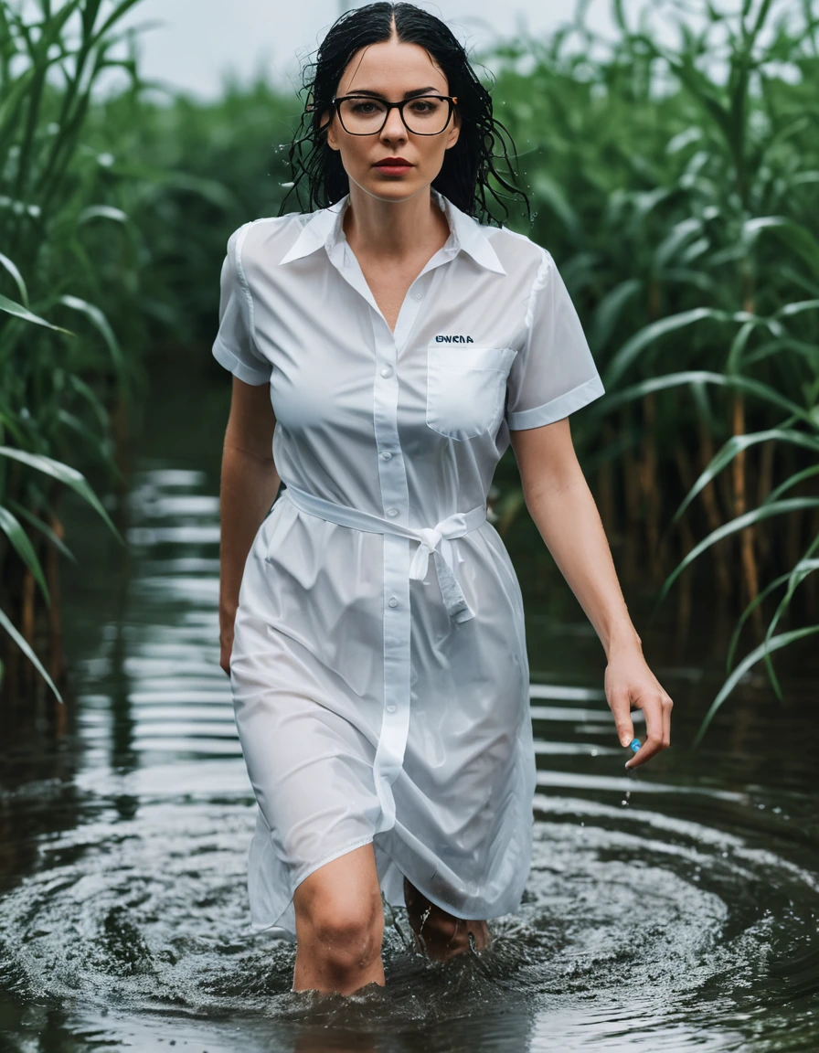 photo of young woman, in soaking wet, drenched clothes,
office shoes , white midi medical dress with short sleeves, white midi medical dress with short sleeves, walking submerged in flooded plant, 
enjoying, wet clothes stuck to body,
detailed textures of the wet clothes, wet face, wet plastered hair,
wet, drenched, professional, high-quality details, full body view.
sharp focus, ultra-high pixel detail, realistic, high-quality, full colors, incredibly detailed, 4k, 8k, 16k, hyper-realistic, RAW photo, masterpiece, ultra-detailed, professionally color graded, professional photograph, woman 51 years old, long black hair, very big and thick lips, office glasses, complete body, open mouth,, dry skin, dry clothes, dry fabric