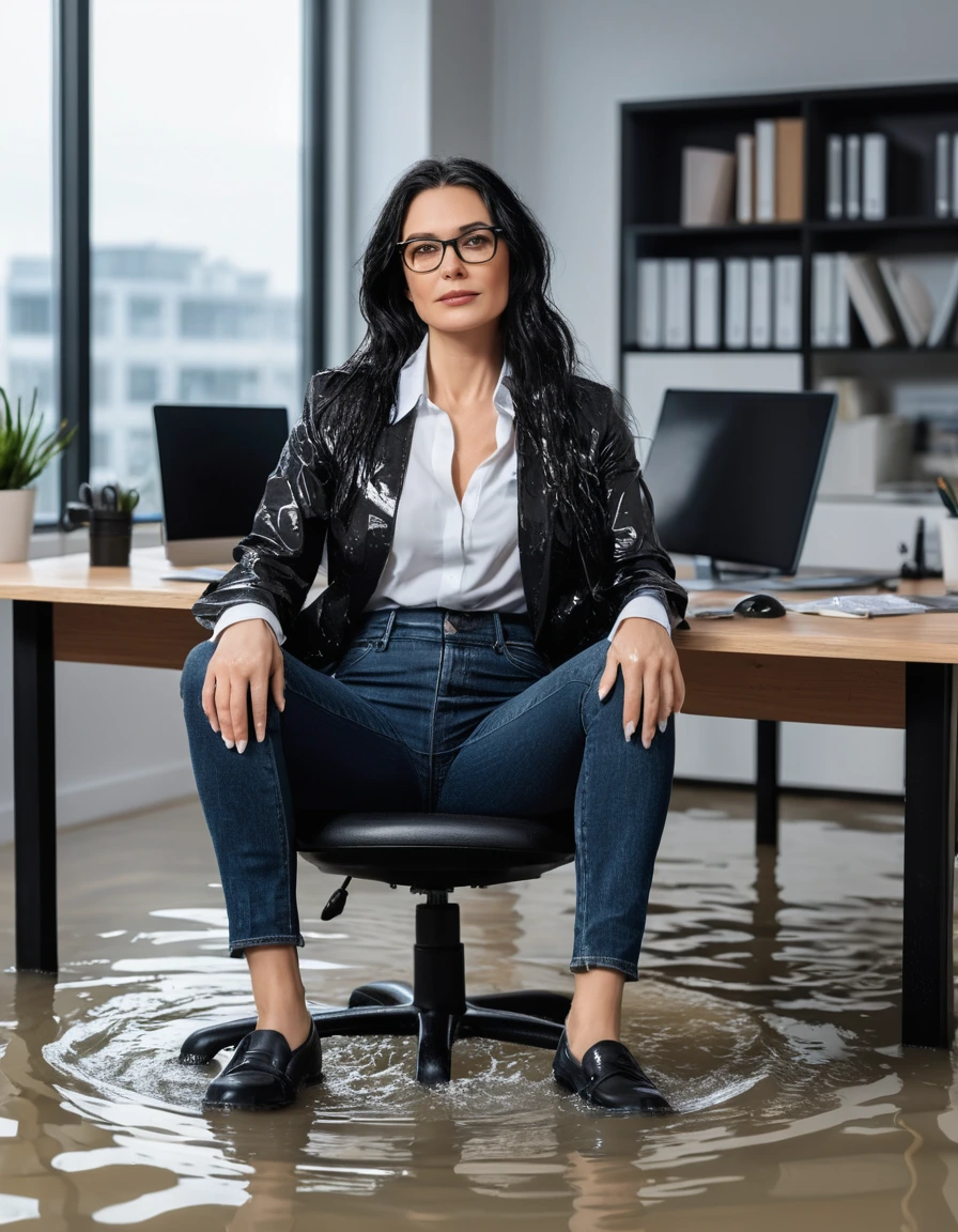 photo of young woman, in soaking wet, drenched clothes,
office shoes , long black jeans, black jeans shirt with long sleeves, in flooded office room on the swivel chair. Half meter water level in the office, 
enjoying, wet clothes stuck to body,
detailed textures of the wet clothes, wet face, wet plastered hair,
wet, drenched, professional, high-quality details, full body view.
sharp focus, ultra-high pixel detail, realistic, high-quality, full colors, incredibly detailed, 4k, 8k, 16k, hyper-realistic, RAW photo, masterpiece, ultra-detailed, professionally color graded, professional photograph, woman 51 years old, long black hair, very big and thick lips, office glasses, complete body, open mouth, dry skin, dry clothes, dry fabric