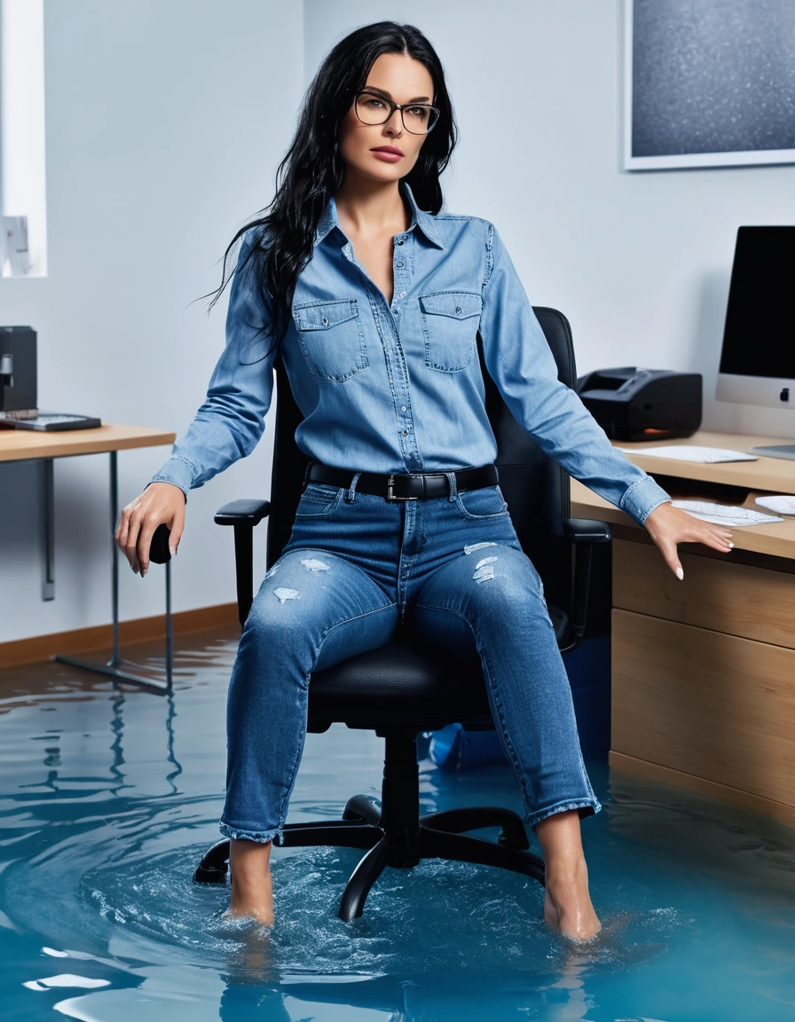 photo of young woman, in soaking wet, drenched clothes,
office shoes , long tight blue jeans shinning, blue jeans shirt with long sleeves, in flooded office room on the swivel chair. Half meter water level in the office, 
enjoying, wet clothes stuck to body,
detailed textures of the wet clothes, wet face, wet plastered hair,
wet, drenched, professional, high-quality details, full body view.
sharp focus, ultra-high pixel detail, realistic, high-quality, full colors, incredibly detailed, 4k, 8k, 16k, hyper-realistic, RAW photo, masterpiece, ultra-detailed, professionally color graded, professional photograph, woman 51 years old, long black hair, very big and thick lips, office glasses, complete body, open mouth, dry skin, dry clothes, dry fabric