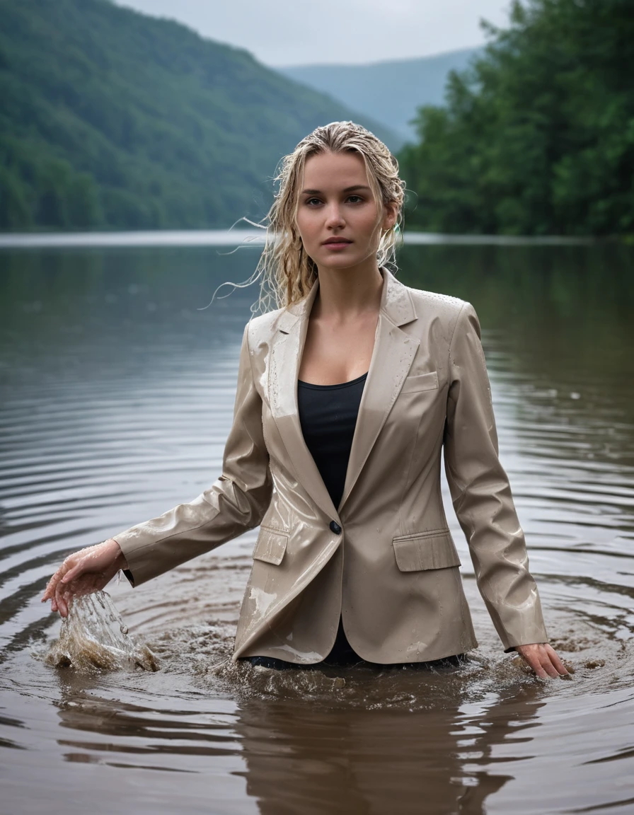 photo of young woman, in soaking wet, drenched clothes,
Beige Long Business Trouser, Beige Business Suit Jacket with Black button down business shirt longsleeve, Clear Mountain lake with heavy rain, 
enjoying, wet clothes stuck to body,
detailed textures of the wet clothes, wet face, wet plastered hair,
wet, drenched, professional, high-quality details, full body view.
sharp focus, ultra-high pixel detail, realistic, high-quality, full colors, incredibly detailed, 4k, 8k, 16k, hyper-realistic, RAW photo, masterpiece, ultra-detailed, professionally color graded, professional photograph, young elegant beautiful white Blonde women, breast deep submerged, under a big rainshower, fully clothed, completely soaked, fully drenched, completely wet, wetlook, heavy rain, side parting, long hair, rain storm, looks confidently into camera, her hands are in the pocktes of her trouser, dry skin, dry clothes, dry fabric