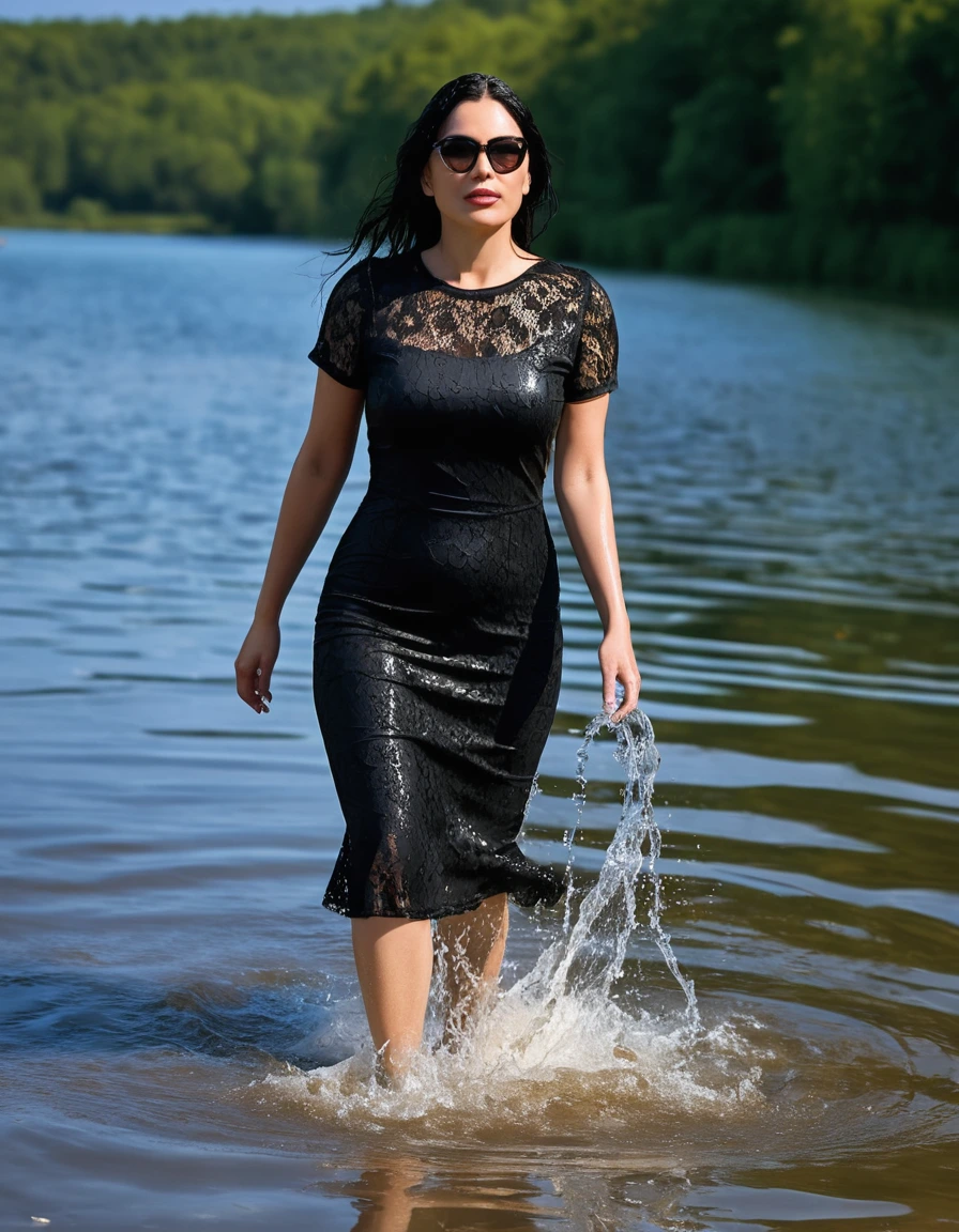 photo of young woman, in soaking wet, drenched clothes,
office shoes , tight midi black lace t-shirt dress with short sleeves, tight midi black lace t-shirt dress with short sleeves, walking submerged in sunny lake, 
enjoying, wet clothes stuck to body,
detailed textures of the wet clothes, wet face, wet plastered hair,
wet, drenched, professional, high-quality details, full body view.
sharp focus, ultra-high pixel detail, realistic, high-quality, full colors, incredibly detailed, 4k, 8k, 16k, hyper-realistic, RAW photo, masterpiece, ultra-detailed, professionally color graded, professional photograph, woman 51 years old, long black hair, very big and thick lips, office glasses, complete body, open mouth, dry skin, dry clothes, dry fabric