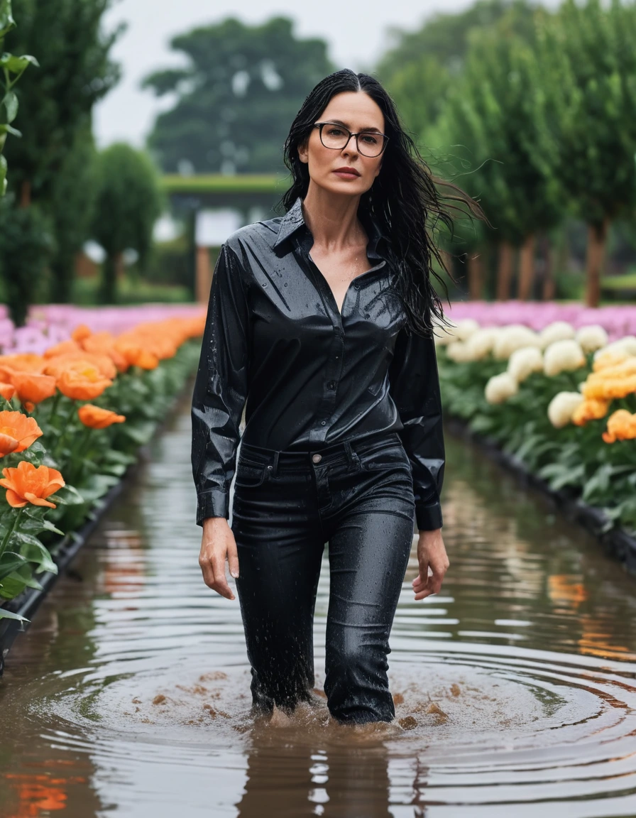 photo of young woman, in soaking wet, drenched clothes,
office shoes , long black jeans, black jeans shirt with long sleeves, walking in flooded flower garden, 
enjoying, wet clothes stuck to body,
detailed textures of the wet clothes, wet face, wet plastered hair,
wet, drenched, professional, high-quality details, full body view.
sharp focus, ultra-high pixel detail, realistic, high-quality, full colors, incredibly detailed, 4k, 8k, 16k, hyper-realistic, RAW photo, masterpiece, ultra-detailed, professionally color graded, professional photograph, woman 51 years old, long black hair, very big and thick lips, office glasses, complete body, open mouth,, dry skin, dry clothes, dry fabric