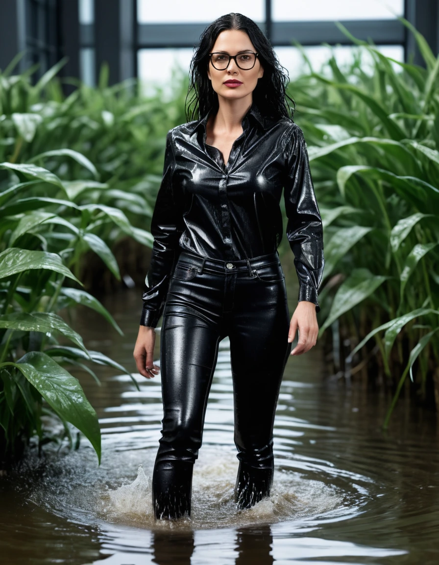 photo of young woman, in soaking wet, drenched clothes,
office shoes , long tight black leather jeans shinning, black leather shirt with long sleeves, walking in flooded plant, 
enjoying, wet clothes stuck to body,
detailed textures of the wet clothes, wet face, wet plastered hair,
wet, drenched, professional, high-quality details, full body view.
sharp focus, ultra-high pixel detail, realistic, high-quality, full colors, incredibly detailed, 4k, 8k, 16k, hyper-realistic, RAW photo, masterpiece, ultra-detailed, professionally color graded, professional photograph, woman 51 years old, long black hair, very big and thick lips, office glasses, complete body, open mouth,, dry skin, dry clothes, dry fabric