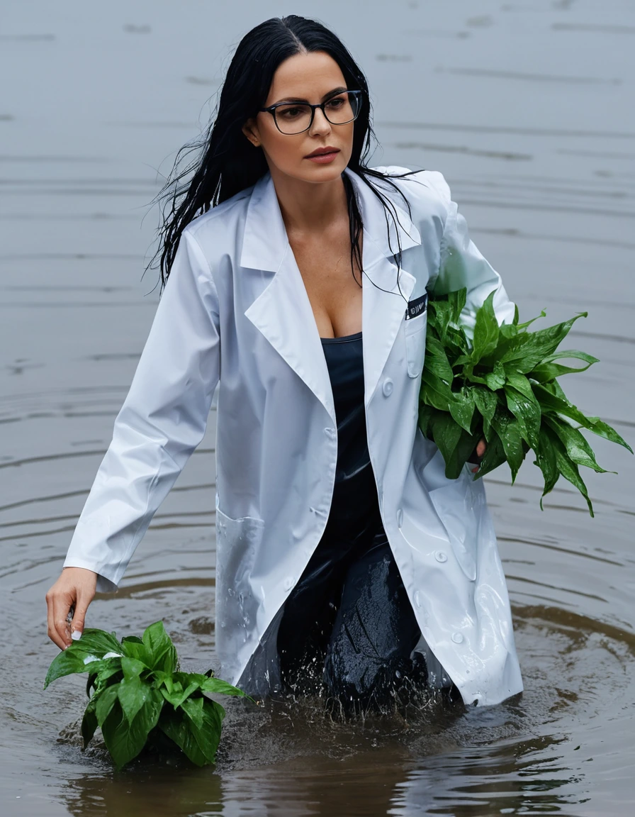 photo of young woman, in soaking wet, drenched clothes,
office shoes , white midi labcoat with long sleeves, white midi labcoat with long sleeves, walking complete submerged in deep flooded plant, 
enjoying, wet clothes stuck to body,
detailed textures of the wet clothes, wet face, wet plastered hair,
wet, drenched, professional, high-quality details, full body view.
sharp focus, ultra-high pixel detail, realistic, high-quality, full colors, incredibly detailed, 4k, 8k, 16k, hyper-realistic, RAW photo, masterpiece, ultra-detailed, professionally color graded, professional photograph, woman 51 years old, long black hair, very big and thick lips, office glasses, complete body, open mouth,, dry skin, dry clothes, dry fabric