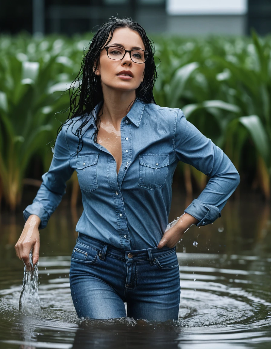 photo of young woman, in soaking wet, drenched clothes,
office shoes , long tight blue jeans shinning, blue jeans shirt with long sleeves, walking in flooded plant, 
enjoying, wet clothes stuck to body,
detailed textures of the wet clothes, wet face, wet plastered hair,
wet, drenched, professional, high-quality details, full body view.
sharp focus, ultra-high pixel detail, realistic, high-quality, full colors, incredibly detailed, 4k, 8k, 16k, hyper-realistic, RAW photo, masterpiece, ultra-detailed, professionally color graded, professional photograph, woman 51 years old, long black hair, very big and thick lips, office glasses, complete body, open mouth,, dry skin, dry clothes, dry fabric