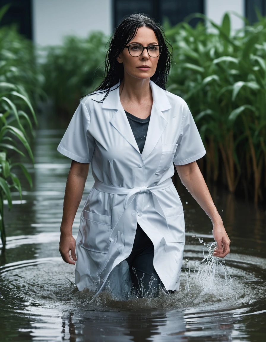 photo of young woman, in soaking wet, drenched clothes,
office shoes , white midi labcoat with short sleeves, white midi labcoat with short sleeves, walking submerged in flooded plant, 
enjoying, wet clothes stuck to body,
detailed textures of the wet clothes, wet face, wet plastered hair,
wet, drenched, professional, high-quality details, full body view.
sharp focus, ultra-high pixel detail, realistic, high-quality, full colors, incredibly detailed, 4k, 8k, 16k, hyper-realistic, RAW photo, masterpiece, ultra-detailed, professionally color graded, professional photograph, woman 51 years old, long black hair, very big and thick lips, office glasses, complete body, open mouth, dry skin, dry clothes, dry fabric