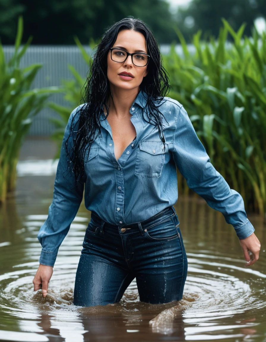 photo of young woman, in soaking wet, drenched clothes,
office shoes , long tight blue jeans shinning, blue jeans shirt with long sleeves, walking in flooded plant, 
enjoying, wet clothes stuck to body,
detailed textures of the wet clothes, wet face, wet plastered hair,
wet, drenched, professional, high-quality details, full body view.
sharp focus, ultra-high pixel detail, realistic, high-quality, full colors, incredibly detailed, 4k, 8k, 16k, hyper-realistic, RAW photo, masterpiece, ultra-detailed, professionally color graded, professional photograph, woman 51 years old, long black hair, very big and thick lips, office glasses, complete body, open mouth,, dry skin, dry clothes, dry fabric