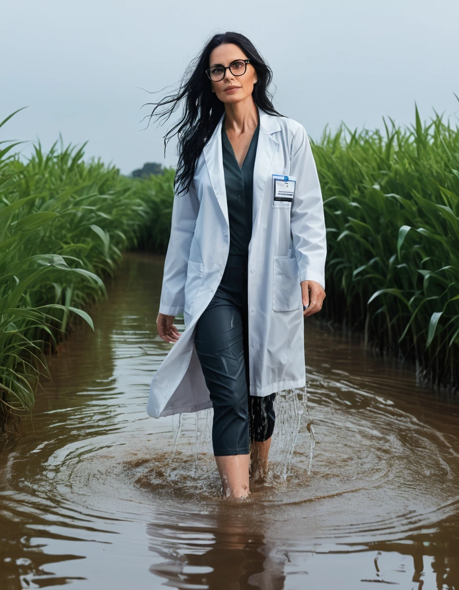 photo of young woman, in soaking wet, drenched clothes,
office shoes , white midi labcoat with long sleeves, white midi labcoat with long sleeves, walking complete submerged in deep flooded plant under hard, 
enjoying, wet clothes stuck to body,
detailed textures of the wet clothes, wet face, wet plastered hair,
wet, drenched, professional, high-quality details, full body view.
sharp focus, ultra-high pixel detail, realistic, high-quality, full colors, incredibly detailed, 4k, 8k, 16k, hyper-realistic, RAW photo, masterpiece, ultra-detailed, professionally color graded, professional photograph, woman 51 years old, long black hair, very big and thick lips, office glasses, complete body, open mouth,,, dry skin, dry clothes, dry fabric