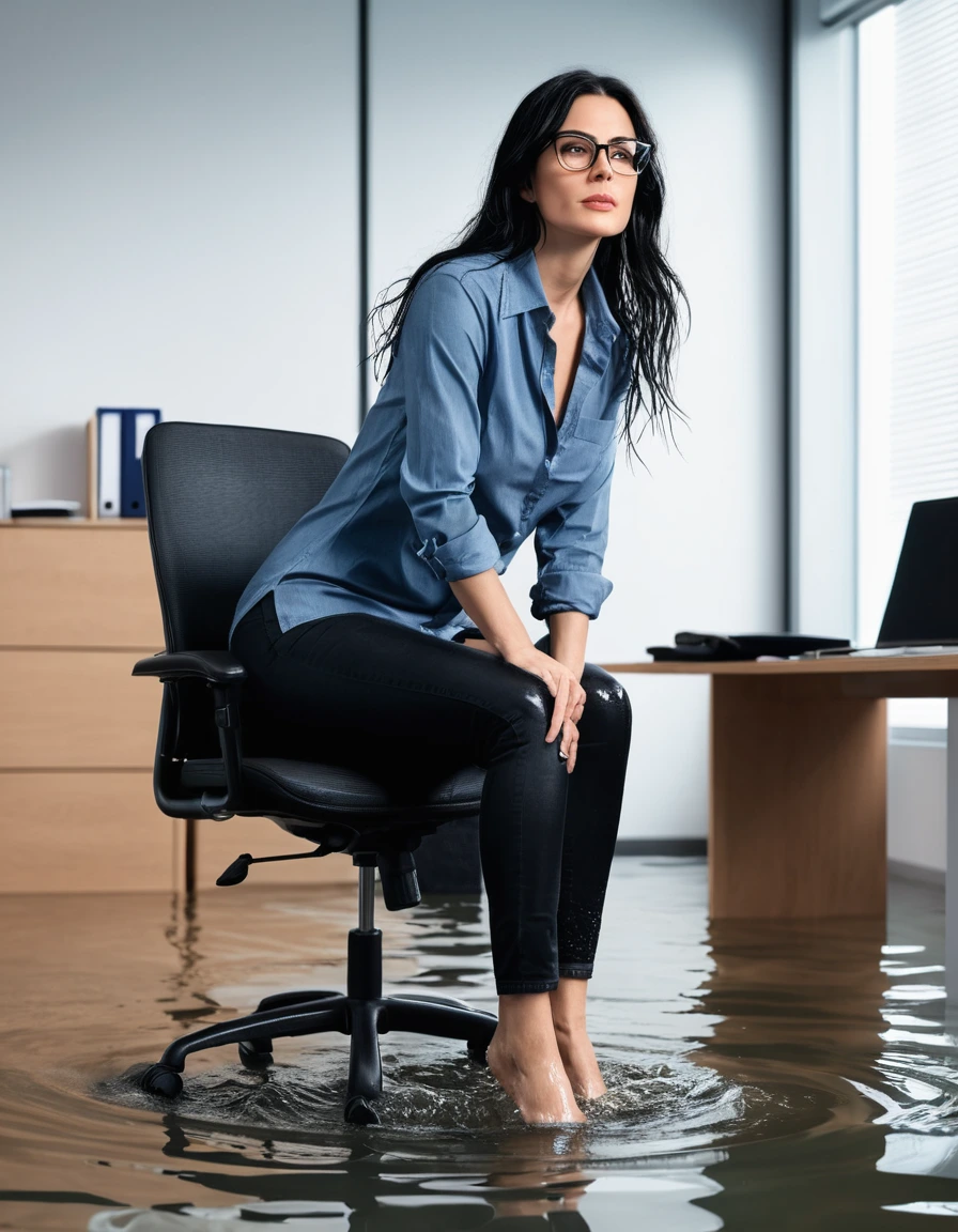 photo of young woman, in soaking wet, drenched clothes,
office shoes , long black jeans, black jeans shirt with long sleeves, in flooded office room on the swivel chair. Half meter water level in the office, 
enjoying, wet clothes stuck to body,
detailed textures of the wet clothes, wet face, wet plastered hair,
wet, drenched, professional, high-quality details, full body view.
sharp focus, ultra-high pixel detail, realistic, high-quality, full colors, incredibly detailed, 4k, 8k, 16k, hyper-realistic, RAW photo, masterpiece, ultra-detailed, professionally color graded, professional photograph, woman 51 years old, long black hair, very big and thick lips, office glasses, complete body, open mouth, dry skin, dry clothes, dry fabric