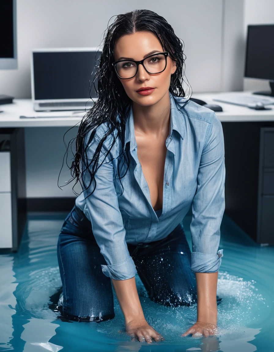 photo of young woman, in soaking wet, drenched clothes,
office shoes , long tight blue jeans, blue jeans shirt with long sleeves, in flooded office room on the swivel chair. Half meter water level in the office, 
enjoying, wet clothes stuck to body,
detailed textures of the wet clothes, wet face, wet plastered hair,
wet, drenched, professional, high-quality details, full body view.
sharp focus, ultra-high pixel detail, realistic, high-quality, full colors, incredibly detailed, 4k, 8k, 16k, hyper-realistic, RAW photo, masterpiece, ultra-detailed, professionally color graded, professional photograph, woman 51 years old, long black hair, very big and thick lips, office glasses, complete body, open mouth, dry skin, dry clothes, dry fabric, dry skin, dry clothes, dry fabric
