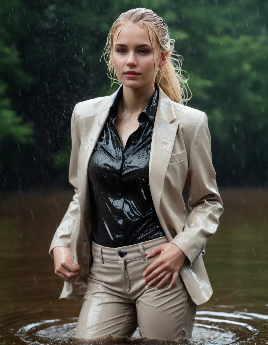 photo of young woman, in soaking wet, drenched clothes,
Beige Long Business Trouser, Beige Business Suit Jacket with Black button down business shirt longsleeve, Clear Mountain lake with heavy rain, 
enjoying, wet clothes stuck to body,
detailed textures of the wet clothes, wet face, wet plastered hair,
wet, drenched, professional, high-quality details, full body view.
sharp focus, ultra-high pixel detail, realistic, high-quality, full colors, incredibly detailed, 4k, 8k, 16k, hyper-realistic, RAW photo, masterpiece, ultra-detailed, professionally color graded, professional photograph, young elegant beautiful white Blonde women, breast deep submerged, under a big rainshower, fully clothed, completely soaked, fully drenched, completely wet, wetlook, heavy rain, side parting, long hair, rain storm, looks confidently into camera, dry skin, dry clothes, dry fabric