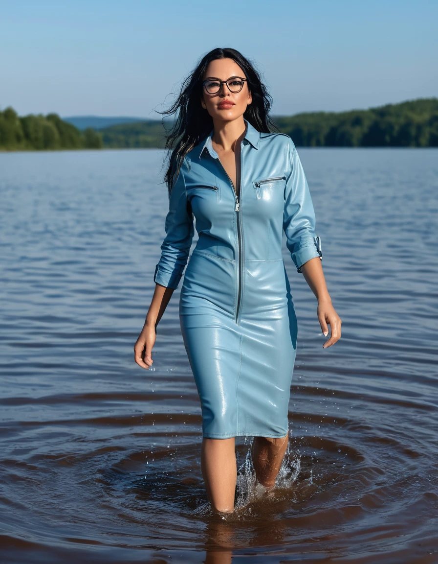 photo of young woman, in soaking wet, drenched clothes,
Sport shoes , midi tight light blue leather jeans dress, midi tight light blue leather jeans dress, walking in deep suuny lake, 
enjoying, wet clothes stuck to body,
detailed textures of the wet clothes, wet face, wet plastered hair,
wet, drenched, professional, high-quality details, full body view.
sharp focus, ultra-high pixel detail, realistic, high-quality, full colors, incredibly detailed, 4k, 8k, 16k, hyper-realistic, RAW photo, masterpiece, ultra-detailed, professionally color graded, professional photograph, woman 51 years old, long black hair, very big and thick lips, office glasses, complete body, open mouth,, dry skin, dry clothes, dry fabric