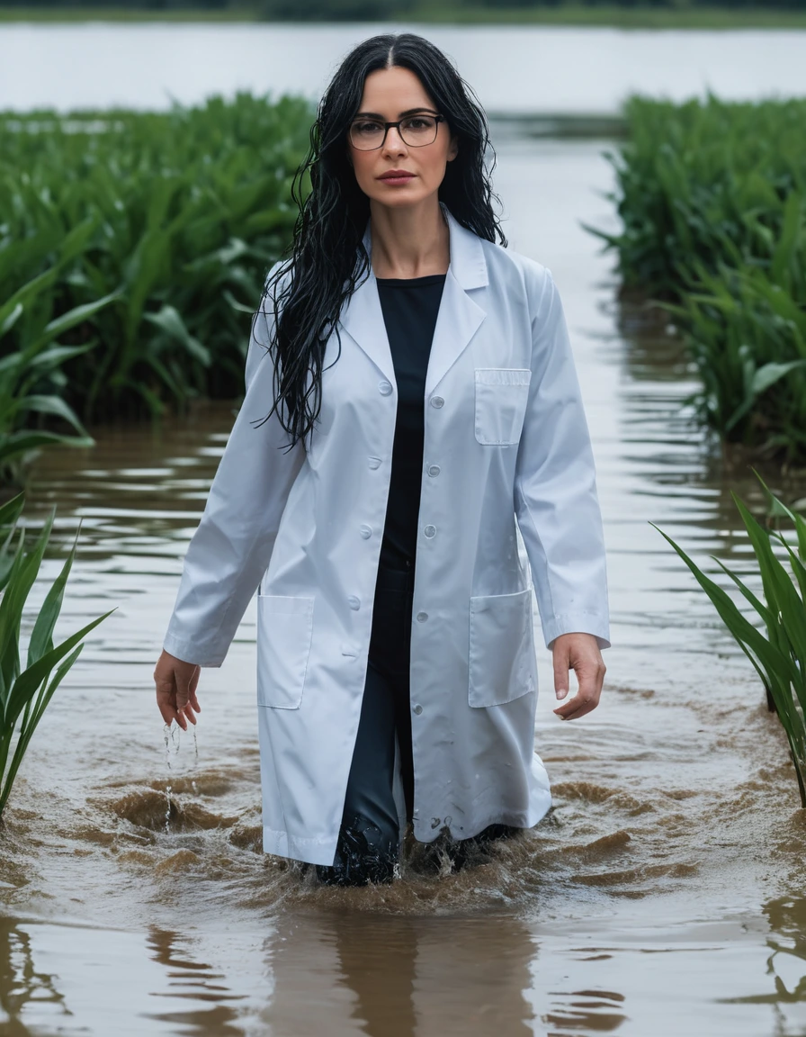 photo of young woman, in soaking wet, drenched clothes,
office shoes , white midi labcoat with long sleeves, white midi labcoat with long sleeves, walking complete submerged in flooded plant, 
enjoying, wet clothes stuck to body,
detailed textures of the wet clothes, wet face, wet plastered hair,
wet, drenched, professional, high-quality details, full body view.
sharp focus, ultra-high pixel detail, realistic, high-quality, full colors, incredibly detailed, 4k, 8k, 16k, hyper-realistic, RAW photo, masterpiece, ultra-detailed, professionally color graded, professional photograph, woman 51 years old, long black hair, very big and thick lips, office glasses, complete body, open mouth,, dry skin, dry clothes, dry fabric