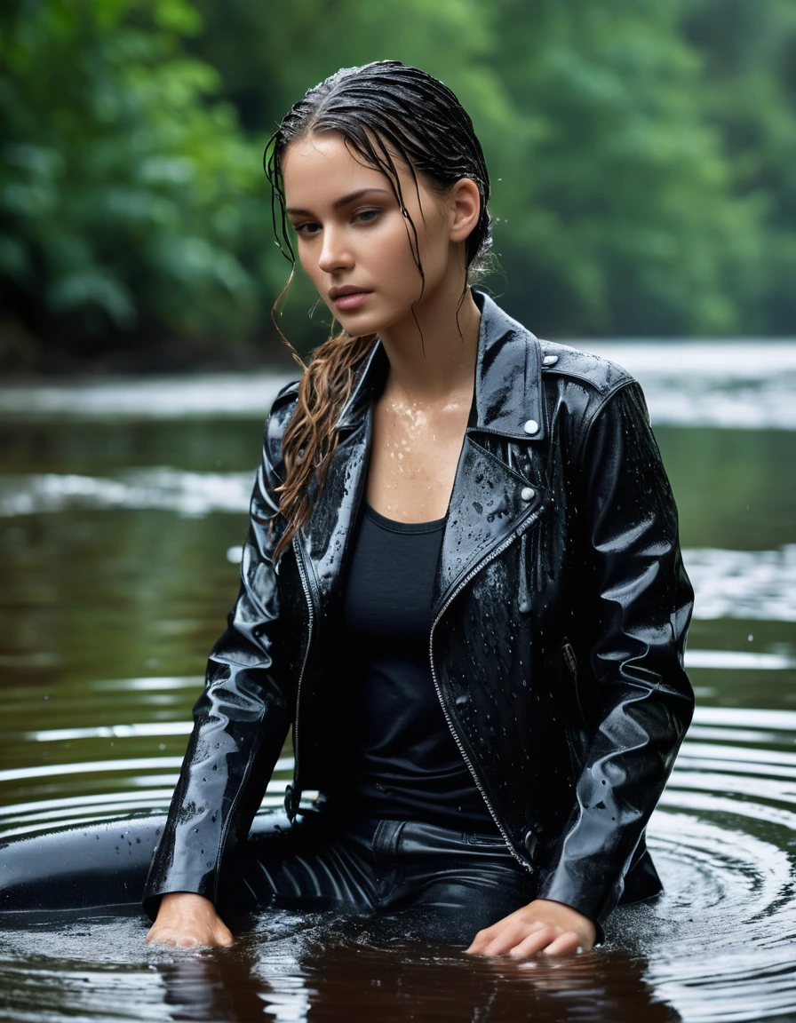 photo of young woman, in soaking wet, drenched clothes,
Black leather ankle boots, soaked and glistening , skin tight black leather jeans, saturated, black long sleeve leather shirt, black bikers leather jacket , snow covered forest, lying sbmerged in a river, head and sholders above the water, drenched, close up, 
enjoying, wet clothes stuck to body,
detailed textures of the wet clothes, wet face, wet plastered hair,
wet, drenched, professional, high-quality details, full body view.
sharp focus, ultra-high pixel detail, realistic, high-quality, full colors, incredibly detailed, 4k, 8k, 16k, hyper-realistic, RAW photo, masterpiece, ultra-detailed, professionally color graded, professional photograph, intense wind-driven rain, hyper-realistic water droplets, cinematic rim lighting, fabric transparency, high-fashion editorial aesthetic, drenched hair, dry skin, dry clothes, dry fabric