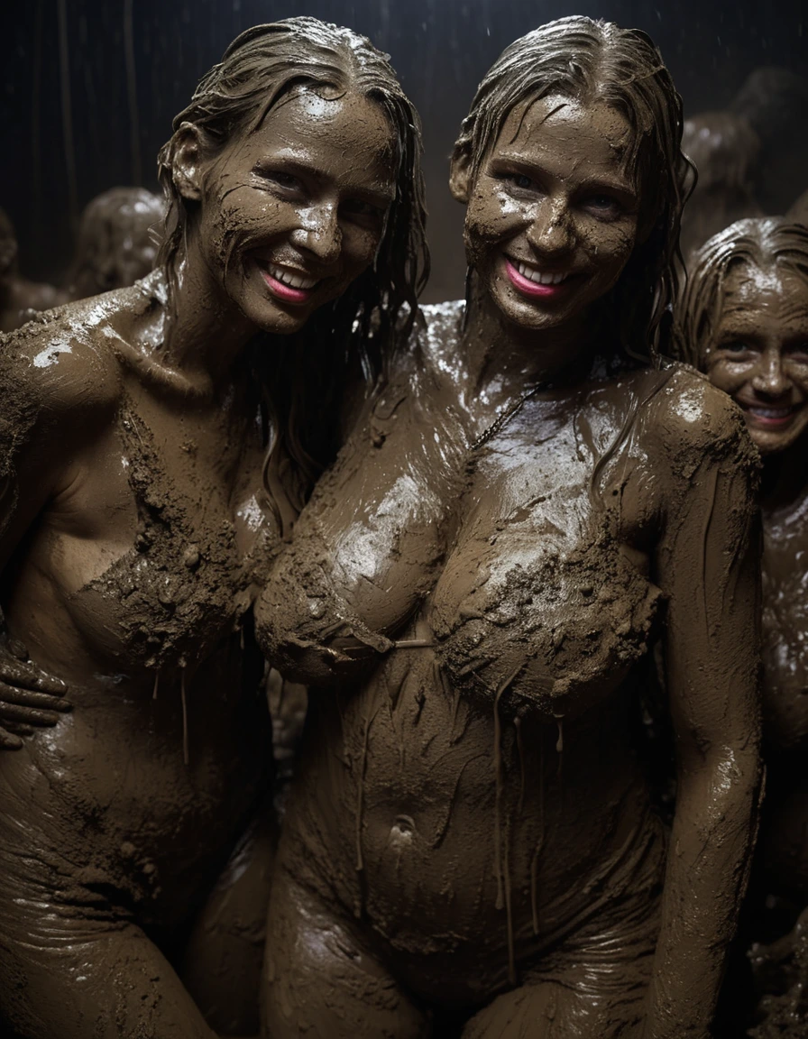 photo of young woman, in soaking wet, drenched clothes,
Muddy high heels, Long very muddy suit pants, Full muddy ruined fully-opened unbuttoned sexy blazer like a fancy uniform over topless with super sexy cleavage and exposed extreme huge saggy hanging boobs., Dark muddy indoor disco club at night. Deep mud on the floor, mud splashed walls, dripping mud from above, very dark mood lighting with pink and blue neon lights from above. Muddy chairs and sofas in the background. , 
enjoying, wet clothes stuck to body,
detailed textures of the wet clothes, wet face, wet plastered hair,
wet, drenched, professional, high-quality details, full body view.
sharp focus, ultra-high pixel detail, realistic, high-quality, full colors, incredibly detailed, 4k, 8k, 16k, hyper-realistic, RAW photo, masterpiece, ultra-detailed, professionally color graded, professional photograph, Three stunning blonde 60 years old beautiful gleaming grannies are wallowing together in the deep muddy pool after a full dip in it and holding a glass of champagne in their hands during the crazy muddy indoor disco party at night and posing for a professional photo. They are proudly wearing their fully and heavily mud-covered unbuttoned and opened sexy suits in every case which are fully exposing their amazingly huge sexy and saggy muddy boobs. Focus on the blazers, on the large muddy cleavages of the blazers and on the bravely displayed super huge muddy heavy saggy boobs. Every small details of the clothes are muddy, muddy beautiful faces, muddy chests and huge saggy boobs. Their blazer has the same colour as their muddy pants. The classy elegant disco club is totally destroyed by mud, mud spots everywhere, mud flows down on the walls, mud on the furnitures in the background. Straight muddy very long open wavy hairstyle, muddy hair, smiling and satisfied beautiful muddy faces, blue eyes, necklaces, earrings, lipstick. The women are enjoying to being total muddy in the muddy pool, being sexy, naughty while they are enjoying the muddy fetish party. Realistic huge heavy saggy muddy boobs and photorealistic detailed smiling facial expressions. Intimate close-up picture about the women. Close-up photo from front view, highly realistic representation, ultra sharp focus, highly photorealistic detailed textures, highly photorealistic detailed facial features and expressions, highly photorealistic hands, highly emotional reactions, highly best quality, highly sharp photorealistic image, highly photorealistic details, full UHD resolution, 32 K, very high level of detail and image sharpness, zoomed in, dry skin, dry clothes, dry fabric, dry skin, dry clothes, dry fabric, dry skin, dry clothes, dry fabric, dry skin, dry clothes, dry fabric, dry skin, dry clothes, dry fabric, dry skin, dry clothes, dry fabric, dry skin, dry clothes, dry fabric, dry skin, dry clothes, dry fabric