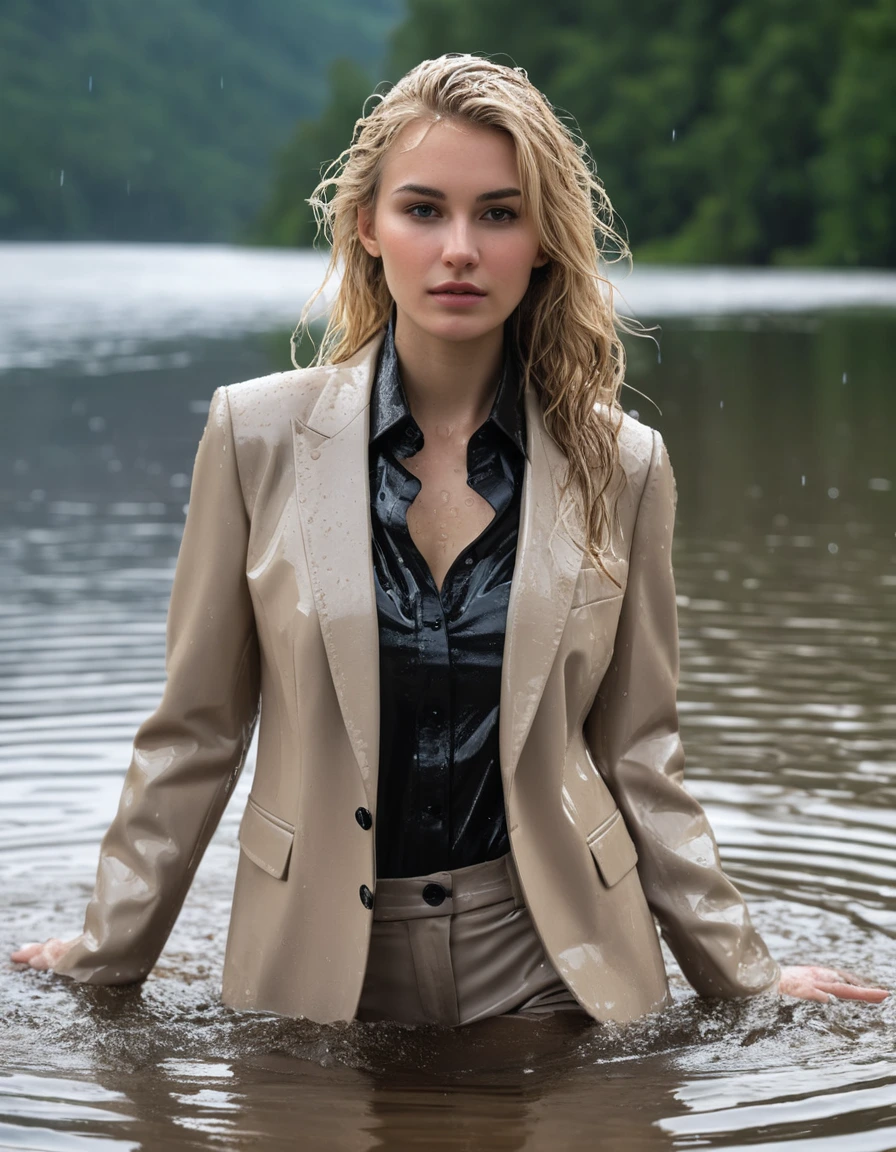 photo of young woman, in soaking wet, drenched clothes,
Beige Long Business Trouser, Beige Business Suit Jacket with Black button down business shirt longsleeve, Clear Mountain lake with heavy rain, 
enjoying, wet clothes stuck to body,
detailed textures of the wet clothes, wet face, wet plastered hair,
wet, drenched, professional, high-quality details, full body view.
sharp focus, ultra-high pixel detail, realistic, high-quality, full colors, incredibly detailed, 4k, 8k, 16k, hyper-realistic, RAW photo, masterpiece, ultra-detailed, professionally color graded, professional photograph, young elegant beautiful white Blonde women, breast deep submerged, under a big rainshower, fully clothed, completely soaked, fully drenched, completely wet, wetlook, heavy rain, side parting, long hair, rain storm, looks confidently into camera,, dry skin, dry clothes, dry fabric