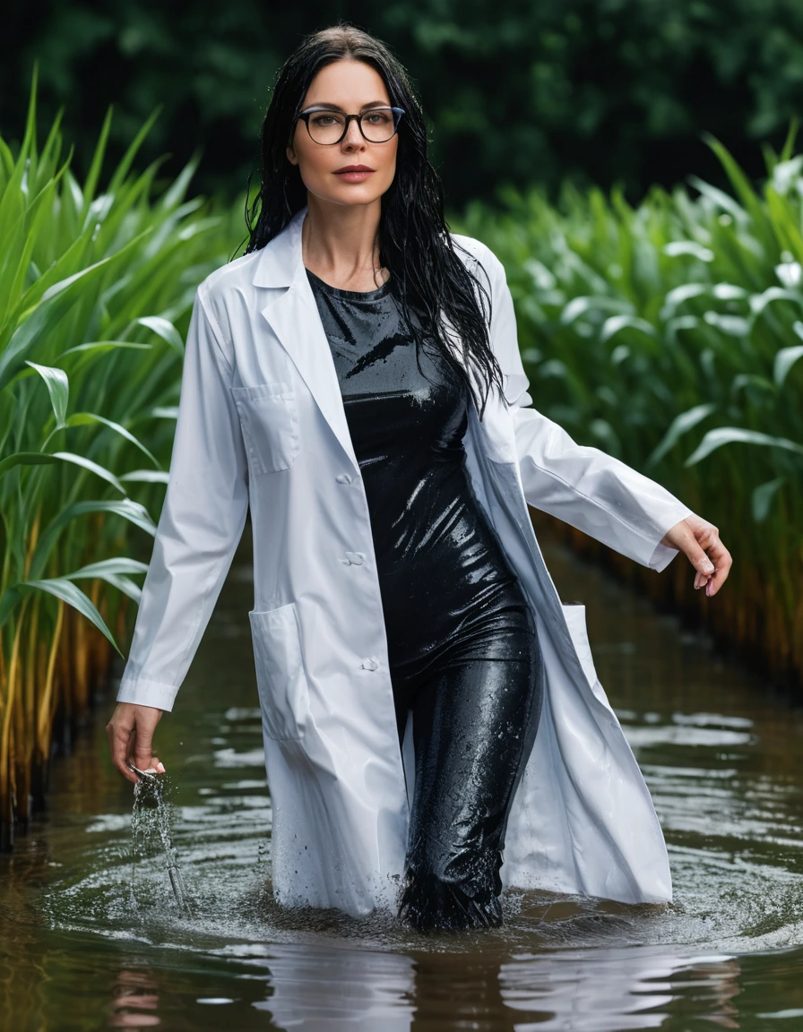 photo of young woman, in soaking wet, drenched clothes,
office shoes , long black jeans shinning, white midi labcoat with long sleeves, walking submerged in flooded plant, 
enjoying, wet clothes stuck to body,
detailed textures of the wet clothes, wet face, wet plastered hair,
wet, drenched, professional, high-quality details, full body view.
sharp focus, ultra-high pixel detail, realistic, high-quality, full colors, incredibly detailed, 4k, 8k, 16k, hyper-realistic, RAW photo, masterpiece, ultra-detailed, professionally color graded, professional photograph, woman 51 years old, long black hair, very big and thick lips, office glasses, complete body, open mouth,, dry skin, dry clothes, dry fabric