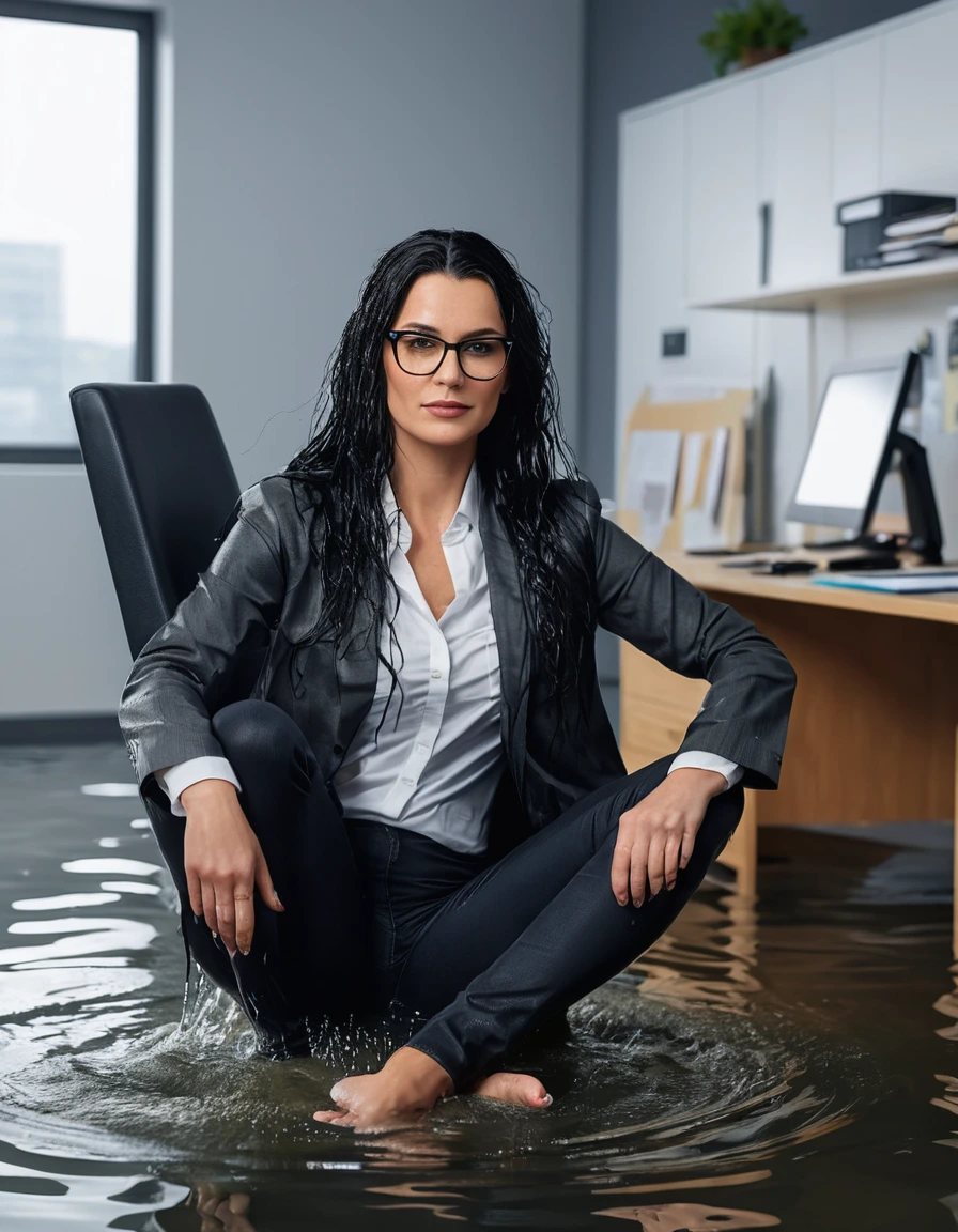 photo of young woman, in soaking wet, drenched clothes,
office shoes , long tight black jeans, black jeans shirt with long sleeves, in flooded office room on the swivel chair. Half meter water level in the office, 
enjoying, wet clothes stuck to body,
detailed textures of the wet clothes, wet face, wet plastered hair,
wet, drenched, professional, high-quality details, full body view.
sharp focus, ultra-high pixel detail, realistic, high-quality, full colors, incredibly detailed, 4k, 8k, 16k, hyper-realistic, RAW photo, masterpiece, ultra-detailed, professionally color graded, professional photograph, woman 51 years old, long black hair, very big and thick lips, office glasses, complete body, open mouth, dry skin, dry clothes, dry fabric, dry skin, dry clothes, dry fabric