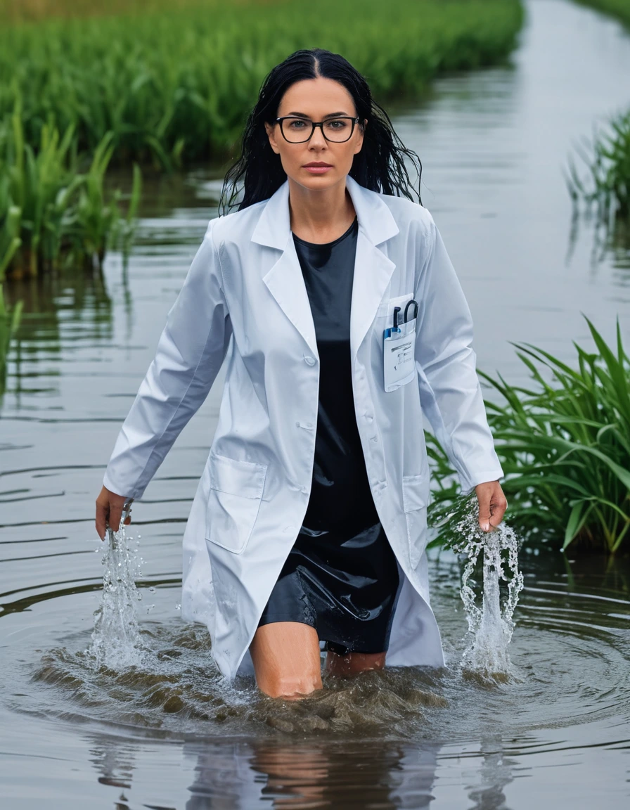 photo of young woman, in soaking wet, drenched clothes,
office shoes , white midi labcoat with long sleeves, white midi labcoat with long sleeves, walking complete submerged in flooded plant, 
enjoying, wet clothes stuck to body,
detailed textures of the wet clothes, wet face, wet plastered hair,
wet, drenched, professional, high-quality details, full body view.
sharp focus, ultra-high pixel detail, realistic, high-quality, full colors, incredibly detailed, 4k, 8k, 16k, hyper-realistic, RAW photo, masterpiece, ultra-detailed, professionally color graded, professional photograph, woman 51 years old, long black hair, very big and thick lips, office glasses, complete body, open mouth,, dry skin, dry clothes, dry fabric