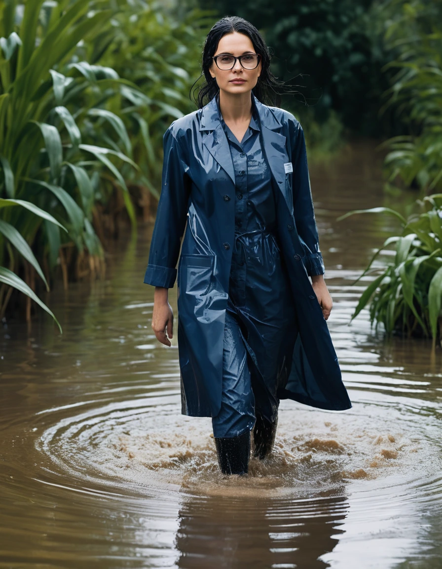 photo of young woman, in soaking wet, drenched clothes,
office shoes , tight dark blue midi labcoat with sleeves, tight dark blue midi labcoat with sleeves, walking submerged in flooded plant, 
enjoying, wet clothes stuck to body,
detailed textures of the wet clothes, wet face, wet plastered hair,
wet, drenched, professional, high-quality details, full body view.
sharp focus, ultra-high pixel detail, realistic, high-quality, full colors, incredibly detailed, 4k, 8k, 16k, hyper-realistic, RAW photo, masterpiece, ultra-detailed, professionally color graded, professional photograph, woman 51 years old, long black hair, very big and thick lips, office glasses, complete body, open mouth,, dry skin, dry clothes, dry fabric