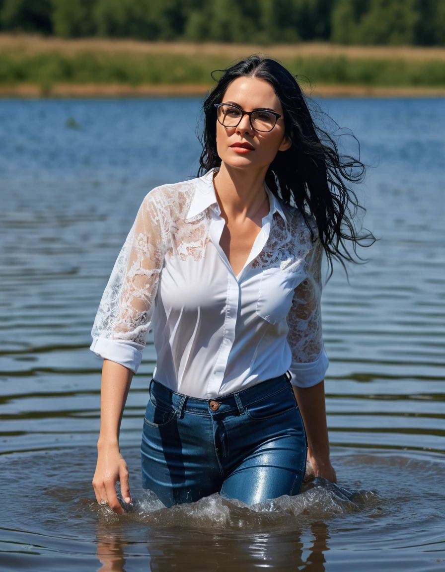 photo of young woman, in soaking wet, drenched clothes,
office shoes , long tight blue leather jeans shinning, white lace t-shirt with short sleeves, walking submerged in sunny lake, 
enjoying, wet clothes stuck to body,
detailed textures of the wet clothes, wet face, wet plastered hair,
wet, drenched, professional, high-quality details, full body view.
sharp focus, ultra-high pixel detail, realistic, high-quality, full colors, incredibly detailed, 4k, 8k, 16k, hyper-realistic, RAW photo, masterpiece, ultra-detailed, professionally color graded, professional photograph, woman 51 years old, long black hair, very big and thick lips, office glasses, complete body, open mouth, dry skin, dry clothes, dry fabric