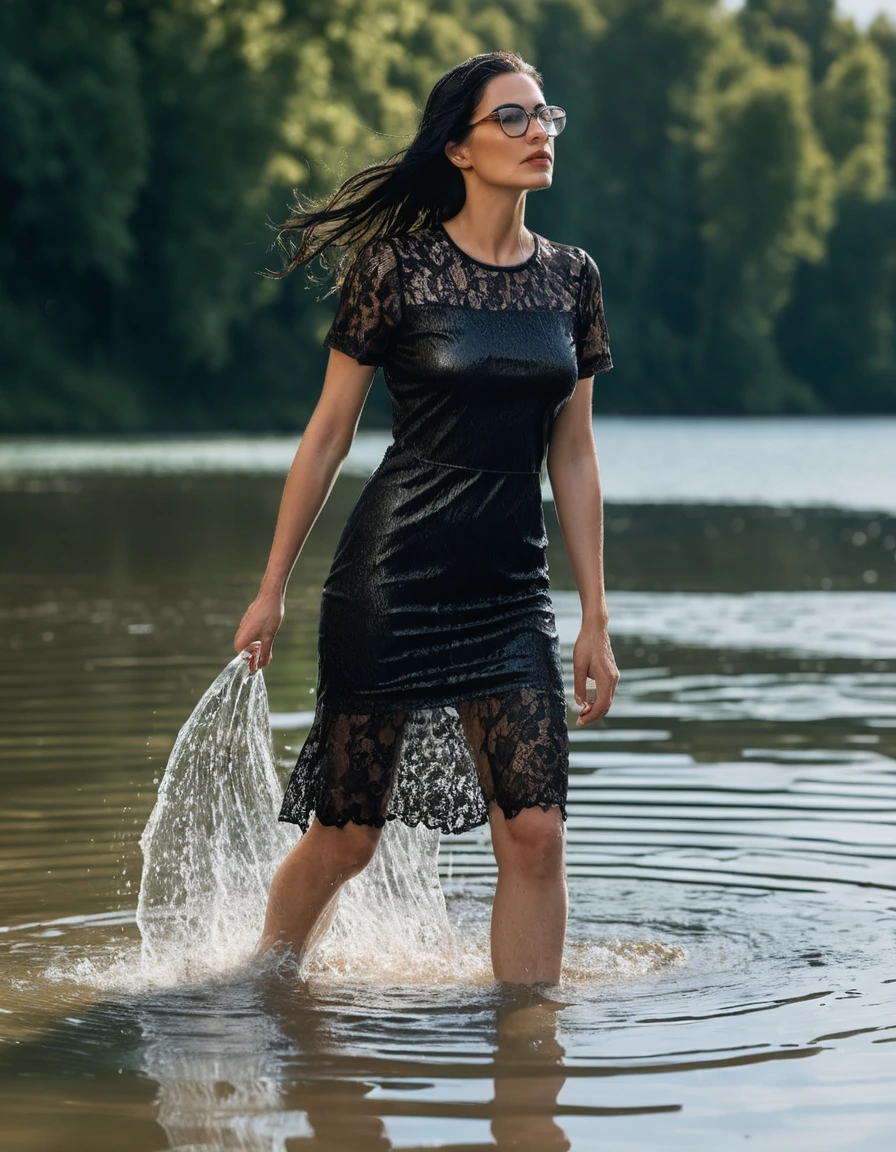 photo of young woman, in soaking wet, drenched clothes,
office shoes , tight midi black lace t-shirt dress with short sleeves, tight midi black lace t-shirt dress with short sleeves, walking submerged in sunny lake, 
enjoying, wet clothes stuck to body,
detailed textures of the wet clothes, wet face, wet plastered hair,
wet, drenched, professional, high-quality details, full body view.
sharp focus, ultra-high pixel detail, realistic, high-quality, full colors, incredibly detailed, 4k, 8k, 16k, hyper-realistic, RAW photo, masterpiece, ultra-detailed, professionally color graded, professional photograph, woman 51 years old, long black hair, very big and thick lips, office glasses, complete body, open mouth, dry skin, dry clothes, dry fabric