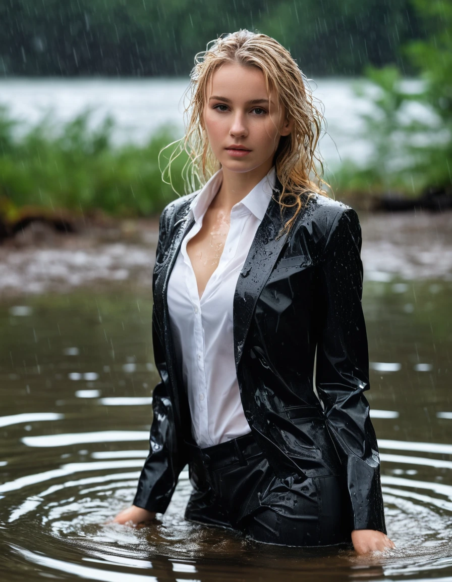 photo of young woman, in soaking wet, drenched clothes,
Black Long Business Trouser, Black Business Suit Jacket with white button down business shirt longsleeve, Clear Mountain lake with heavy rain, 
enjoying, wet clothes stuck to body,
detailed textures of the wet clothes, wet face, wet plastered hair,
wet, drenched, professional, high-quality details, full body view.
sharp focus, ultra-high pixel detail, realistic, high-quality, full colors, incredibly detailed, 4k, 8k, 16k, hyper-realistic, RAW photo, masterpiece, ultra-detailed, professionally color graded, professional photograph, young elegant beautiful white Blonde women, breast deep submerged, under a big rainshower, fully clothed, completely soaked, fully drenched, completely wet, wetlook, heavy rain, side parting, long hair, rain storm, looks confidently into camera, dry skin, dry clothes, dry fabric
