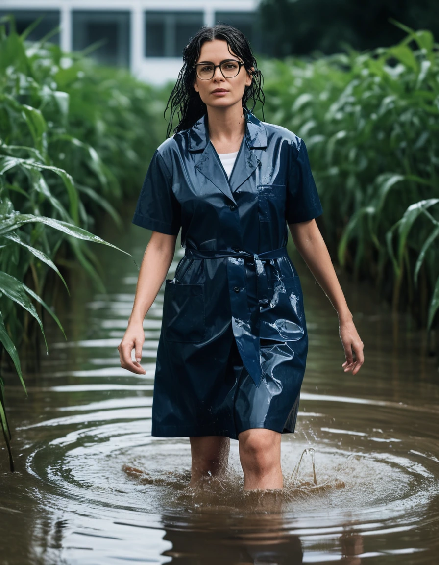 photo of young woman, in soaking wet, drenched clothes,
office shoes , dark blue midi labcoat with short sleeves, dark blue midi labcoat with short sleeves, walking submerged in flooded plant, 
enjoying, wet clothes stuck to body,
detailed textures of the wet clothes, wet face, wet plastered hair,
wet, drenched, professional, high-quality details, full body view.
sharp focus, ultra-high pixel detail, realistic, high-quality, full colors, incredibly detailed, 4k, 8k, 16k, hyper-realistic, RAW photo, masterpiece, ultra-detailed, professionally color graded, professional photograph, woman 51 years old, long black hair, very big and thick lips, office glasses, complete body, open mouth, dry skin, dry clothes, dry fabric