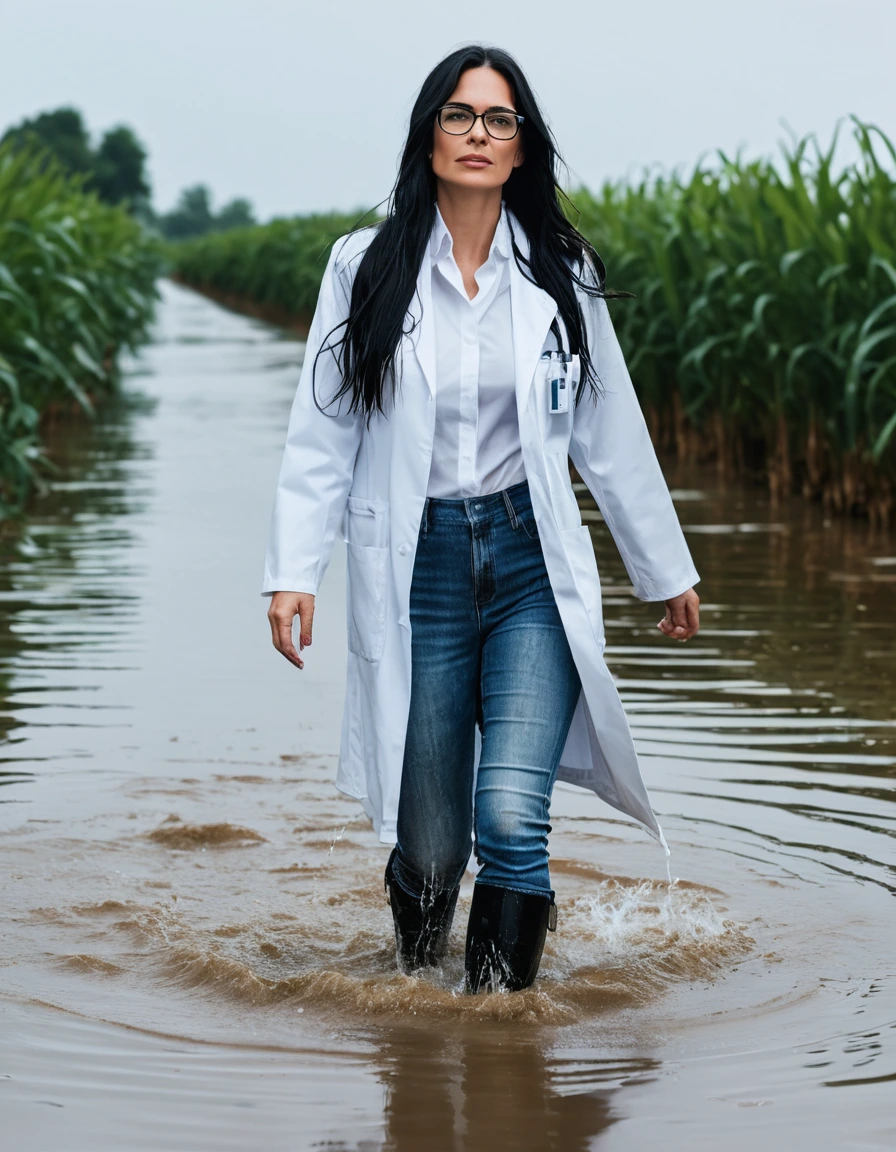 photo of young woman, in soaking wet, drenched clothes,
office shoes , long tight blue jeans shinning, white midi labcoat with long sleeves, walking in flooded plant, 
enjoying, wet clothes stuck to body,
detailed textures of the wet clothes, wet face, wet plastered hair,
wet, drenched, professional, high-quality details, full body view.
sharp focus, ultra-high pixel detail, realistic, high-quality, full colors, incredibly detailed, 4k, 8k, 16k, hyper-realistic, RAW photo, masterpiece, ultra-detailed, professionally color graded, professional photograph, woman 51 years old, long black hair, very big and thick lips, office glasses, complete body, open mouth,, dry skin, dry clothes, dry fabric