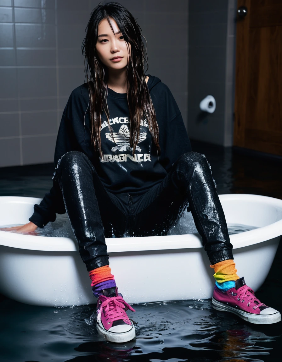 photo of young woman, in soaking wet, drenched clothes,
chunky skate shoes and coloured socks, baggy black jeans, Black t-shirt, bathtub with dim lighting, 
enjoying, wet clothes stuck to body,
detailed textures of the wet clothes, wet face, wet plastered hair,
wet, drenched, professional, high-quality details, full body view.
sharp focus, ultra-high pixel detail, realistic, high-quality, full colors, incredibly detailed, 4k, 8k, 16k, hyper-realistic, RAW photo, masterpiece, ultra-detailed, professionally color graded, professional photograph, petite Japanese-American emo woman, 19,  One shoe off. Her dark hair with dyed ends floats around her face in the water. Posing for pictures. Feet closest to camera. In the style of a recorded video, dry skin, dry clothes, dry fabric