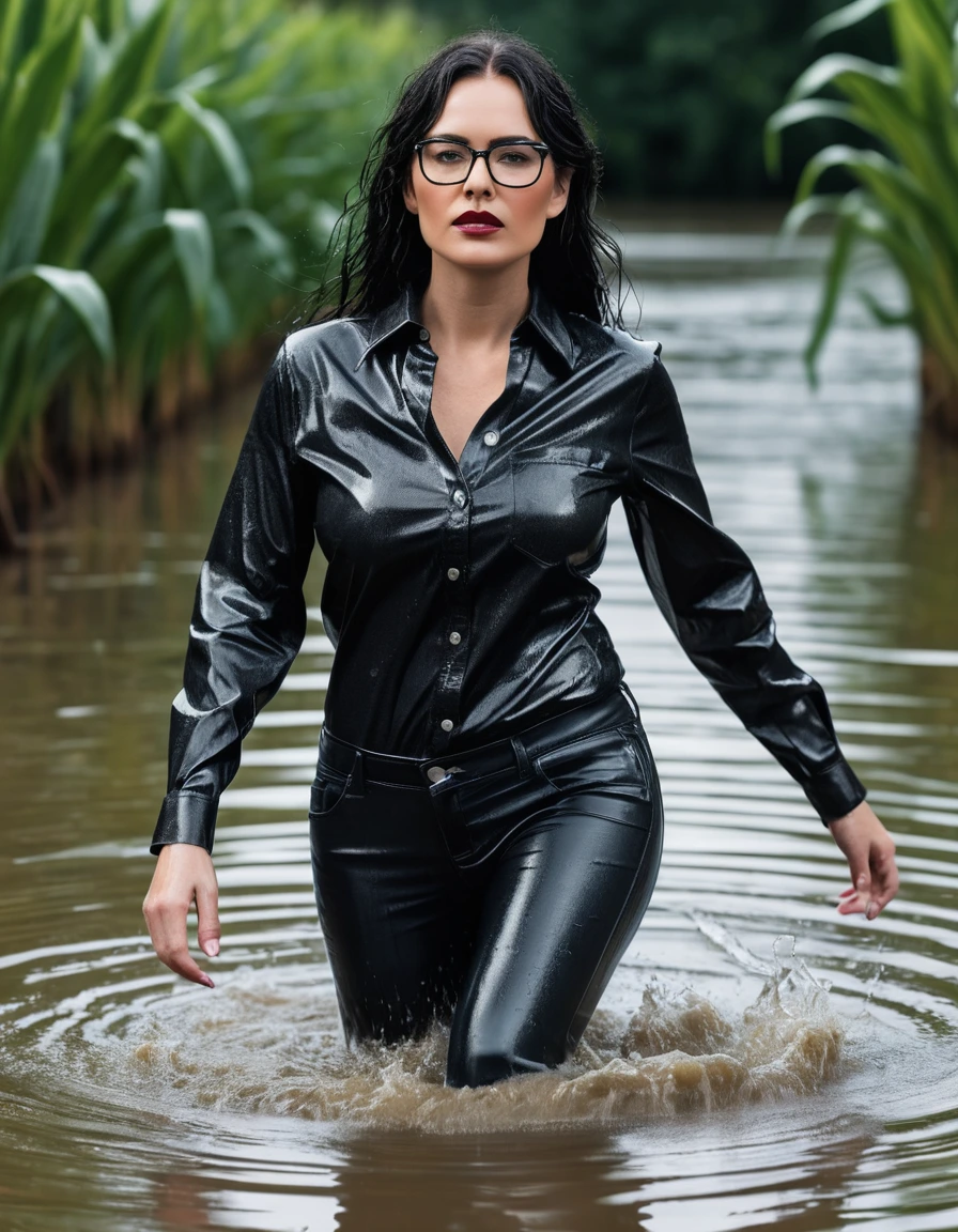 photo of young woman, in soaking wet, drenched clothes,
office shoes , long tight black leather jeans shinning, black leather shirt with long sleeves, walking in flooded plant, 
enjoying, wet clothes stuck to body,
detailed textures of the wet clothes, wet face, wet plastered hair,
wet, drenched, professional, high-quality details, full body view.
sharp focus, ultra-high pixel detail, realistic, high-quality, full colors, incredibly detailed, 4k, 8k, 16k, hyper-realistic, RAW photo, masterpiece, ultra-detailed, professionally color graded, professional photograph, woman 51 years old, long black hair, very big and thick lips, office glasses, complete body, open mouth, dry skin, dry clothes, dry fabric
