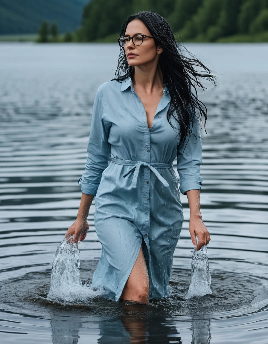 photo of young woman, in soaking wet, drenched clothes,
Sport shoes , midi tight light blue jeans dress, midi tight light blue jeans dress, walking in deep suuny lake, 
enjoying, wet clothes stuck to body,
detailed textures of the wet clothes, wet face, wet plastered hair,
wet, drenched, professional, high-quality details, full body view.
sharp focus, ultra-high pixel detail, realistic, high-quality, full colors, incredibly detailed, 4k, 8k, 16k, hyper-realistic, RAW photo, masterpiece, ultra-detailed, professionally color graded, professional photograph, woman 51 years old, long black hair, very big and thick lips, office glasses, complete body, open mouth, dry skin, dry clothes, dry fabric
