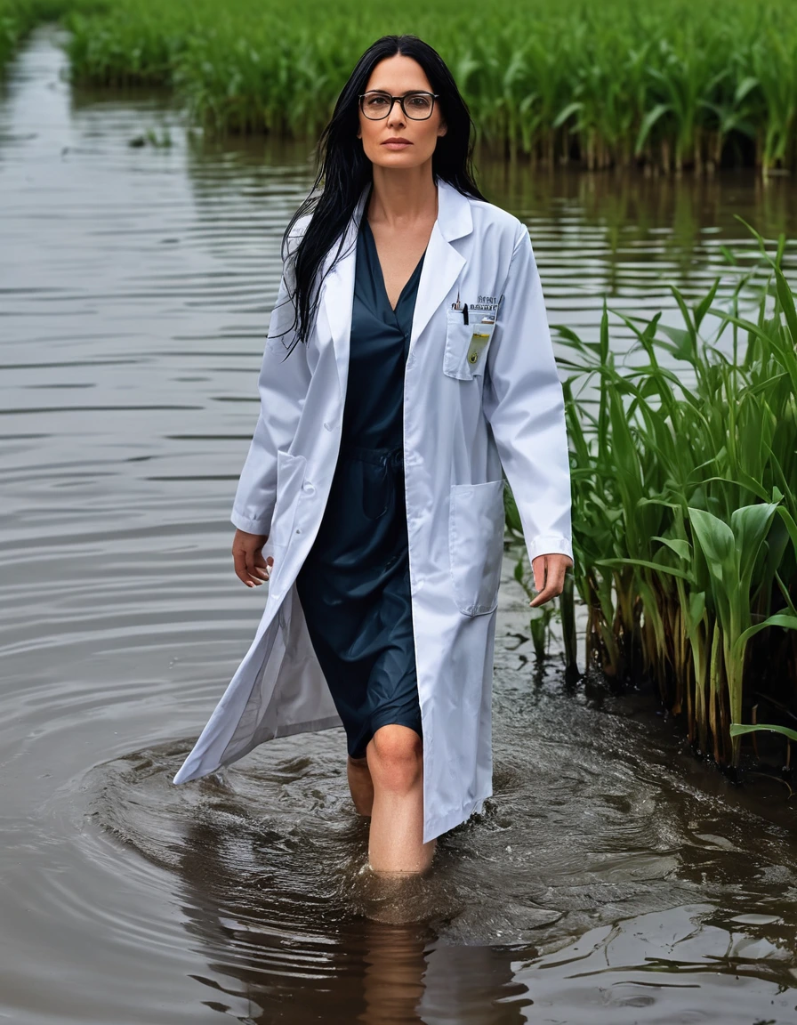 photo of young woman, in soaking wet, drenched clothes,
office shoes , white midi labcoat with long sleeves, white midi labcoat with long sleeves, walking complete submerged in deep flooded plant under hard, 
enjoying, wet clothes stuck to body,
detailed textures of the wet clothes, wet face, wet plastered hair,
wet, drenched, professional, high-quality details, full body view.
sharp focus, ultra-high pixel detail, realistic, high-quality, full colors, incredibly detailed, 4k, 8k, 16k, hyper-realistic, RAW photo, masterpiece, ultra-detailed, professionally color graded, professional photograph, woman 51 years old, long black hair, very big and thick lips, office glasses, complete body, open mouth,, dry skin, dry clothes, dry fabric, dry skin, dry clothes, dry fabric