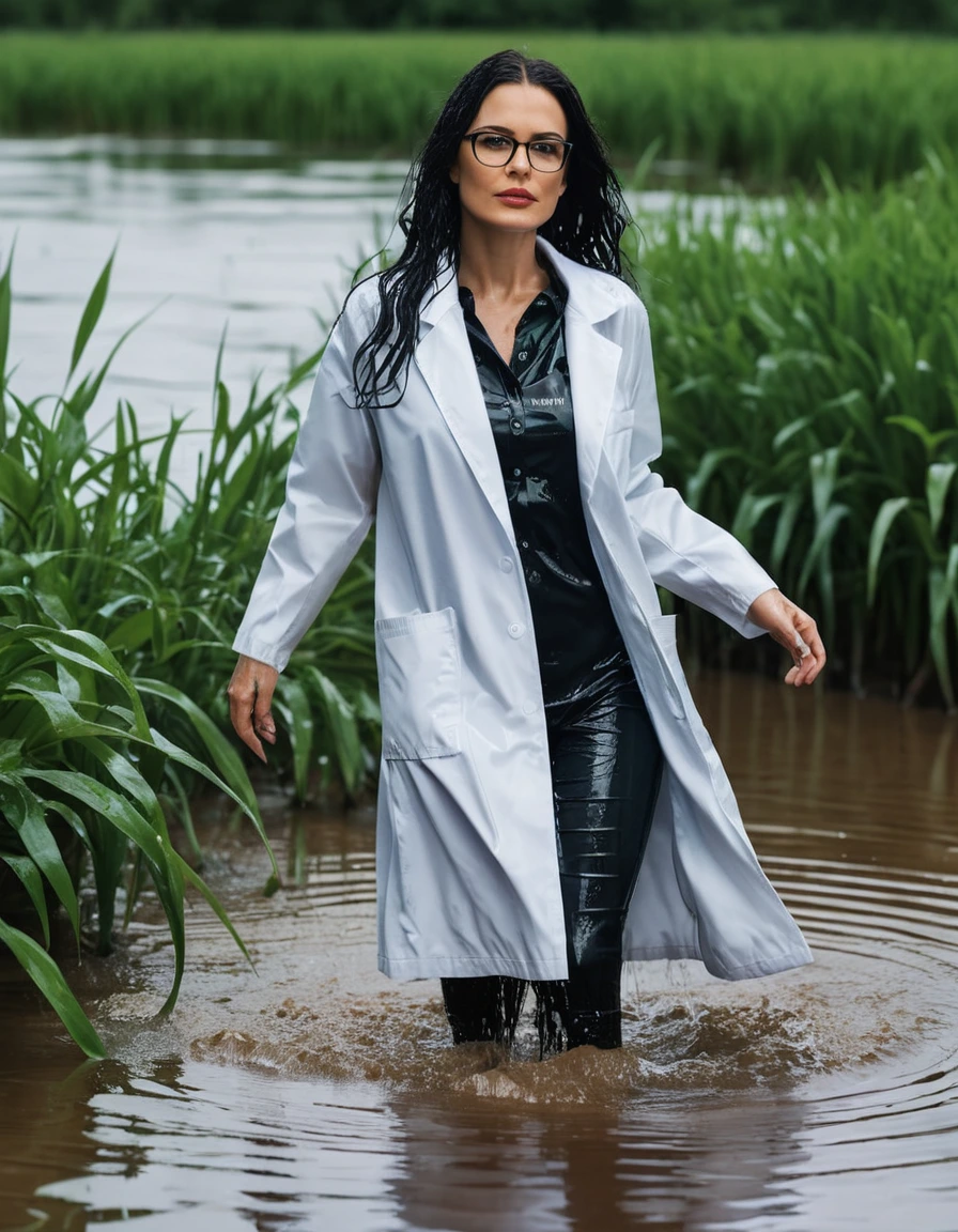 photo of young woman, in soaking wet, drenched clothes,
office shoes , white midi labcoat with long sleeves, white midi labcoat with long sleeves, walking complete submerged in flooded plant, 
enjoying, wet clothes stuck to body,
detailed textures of the wet clothes, wet face, wet plastered hair,
wet, drenched, professional, high-quality details, full body view.
sharp focus, ultra-high pixel detail, realistic, high-quality, full colors, incredibly detailed, 4k, 8k, 16k, hyper-realistic, RAW photo, masterpiece, ultra-detailed, professionally color graded, professional photograph, woman 51 years old, long black hair, very big and thick lips, office glasses, complete body, open mouth,, dry skin, dry clothes, dry fabric