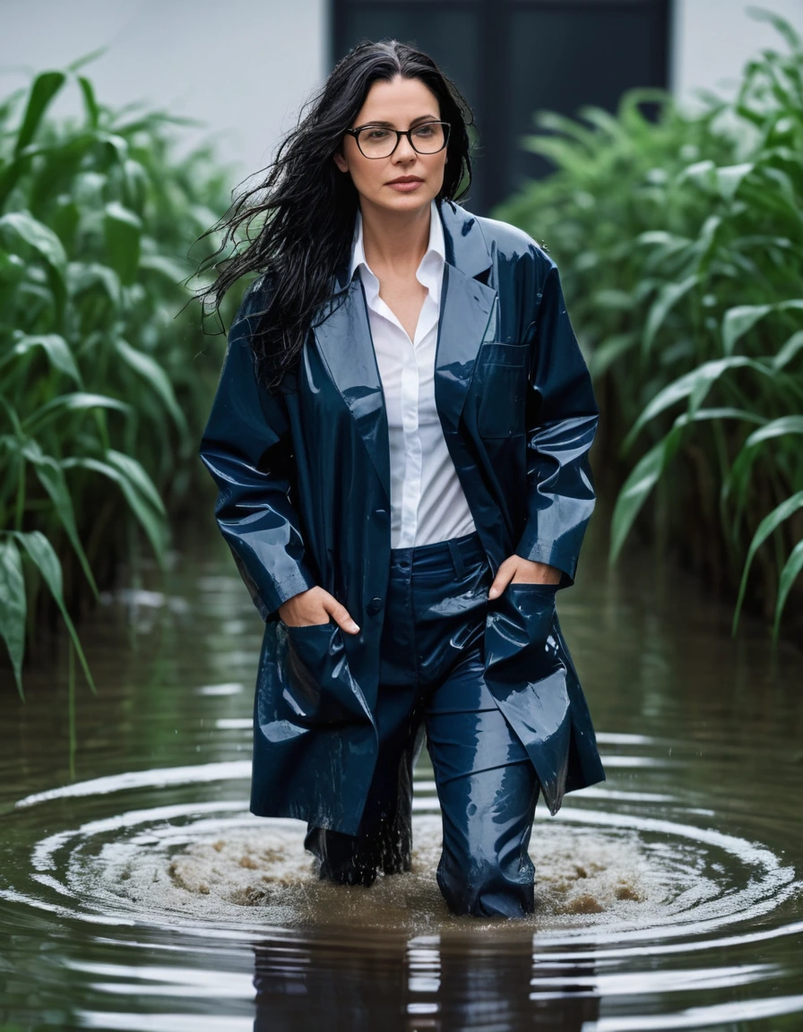photo of young woman, in soaking wet, drenched clothes,
office shoes , long blue jeans shinning, dark blue labcoat with long sleeves, walking submerged in flooded plant, 
enjoying, wet clothes stuck to body,
detailed textures of the wet clothes, wet face, wet plastered hair,
wet, drenched, professional, high-quality details, full body view.
sharp focus, ultra-high pixel detail, realistic, high-quality, full colors, incredibly detailed, 4k, 8k, 16k, hyper-realistic, RAW photo, masterpiece, ultra-detailed, professionally color graded, professional photograph, woman 51 years old, long black hair, very big and thick lips, office glasses, complete body, open mouth,, dry skin, dry clothes, dry fabric