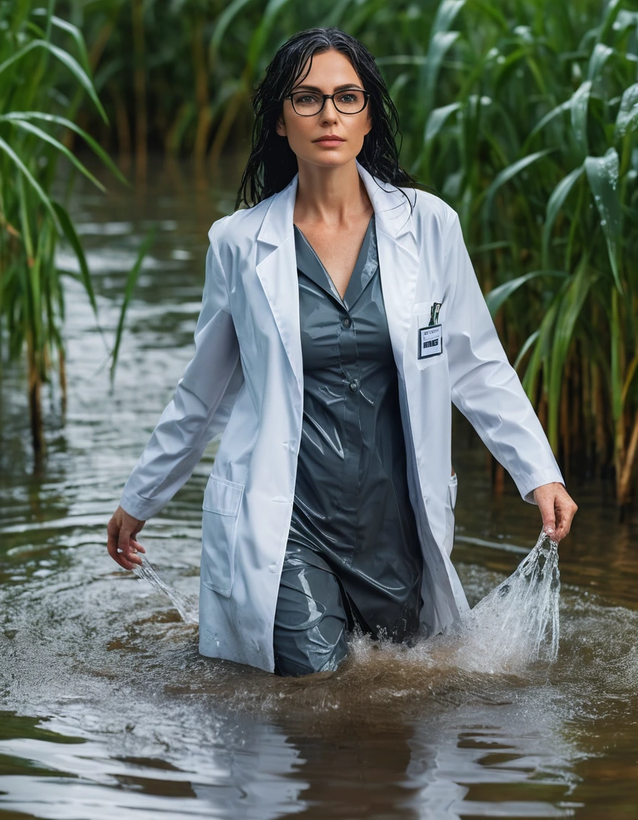 photo of young woman, in soaking wet, drenched clothes,
office shoes , white midi labcoat with long sleeves, white midi labcoat with long sleeves, walking complete submerged in deep flooded plant under hard, 
enjoying, wet clothes stuck to body,
detailed textures of the wet clothes, wet face, wet plastered hair,
wet, drenched, professional, high-quality details, full body view.
sharp focus, ultra-high pixel detail, realistic, high-quality, full colors, incredibly detailed, 4k, 8k, 16k, hyper-realistic, RAW photo, masterpiece, ultra-detailed, professionally color graded, professional photograph, woman 51 years old, long black hair, very big and thick lips, office glasses, complete body, open mouth,,, dry skin, dry clothes, dry fabric