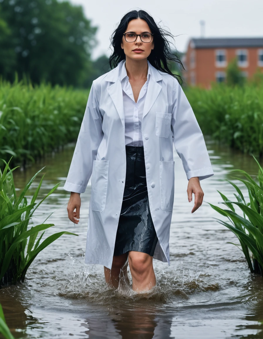 photo of young woman, in soaking wet, drenched clothes,
office shoes , white midi labcoat with long sleeves, white midi labcoat with long sleeves, walking submerged in flooded plant, 
enjoying, wet clothes stuck to body,
detailed textures of the wet clothes, wet face, wet plastered hair,
wet, drenched, professional, high-quality details, full body view.
sharp focus, ultra-high pixel detail, realistic, high-quality, full colors, incredibly detailed, 4k, 8k, 16k, hyper-realistic, RAW photo, masterpiece, ultra-detailed, professionally color graded, professional photograph, woman 51 years old, long black hair, very big and thick lips, office glasses, complete body, open mouth, dry skin, dry clothes, dry fabric