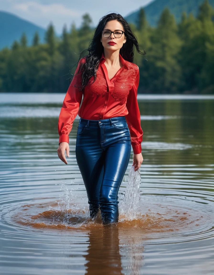 photo of young woman, in soaking wet, drenched clothes,
office shoes , long tight blue leather jeans shinning, red lace satin shirt with long sleeves, walking submerged in sunny lake, 
enjoying, wet clothes stuck to body,
detailed textures of the wet clothes, wet face, wet plastered hair,
wet, drenched, professional, high-quality details, full body view.
sharp focus, ultra-high pixel detail, realistic, high-quality, full colors, incredibly detailed, 4k, 8k, 16k, hyper-realistic, RAW photo, masterpiece, ultra-detailed, professionally color graded, professional photograph, woman 51 years old, long black hair, very big and thick lips, office glasses, complete body, open mouth, dry skin, dry clothes, dry fabric
