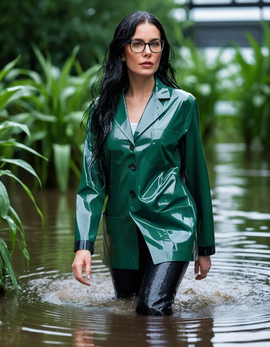 photo of young woman, in soaking wet, drenched clothes,
office shoes , long black latex jeans shinning, green labcoat with long sleeves, walking submerged in flooded plant, 
enjoying, wet clothes stuck to body,
detailed textures of the wet clothes, wet face, wet plastered hair,
wet, drenched, professional, high-quality details, full body view.
sharp focus, ultra-high pixel detail, realistic, high-quality, full colors, incredibly detailed, 4k, 8k, 16k, hyper-realistic, RAW photo, masterpiece, ultra-detailed, professionally color graded, professional photograph, woman 51 years old, long black hair, very big and thick lips, office glasses, complete body, open mouth,, dry skin, dry clothes, dry fabric