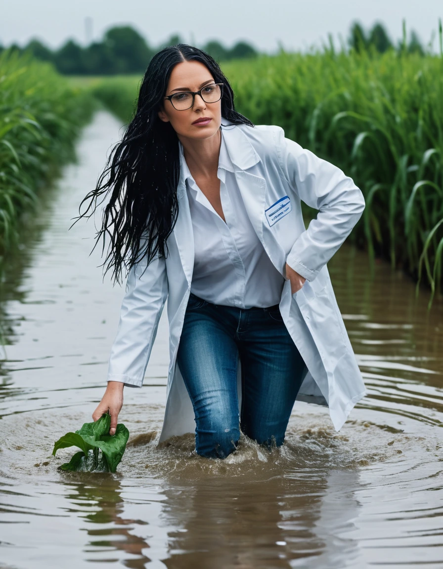 photo of young woman, in soaking wet, drenched clothes,
office shoes , long tight blue jeans shinning, white midi labcoat with long sleeves, walking submerged in flooded plant, 
enjoying, wet clothes stuck to body,
detailed textures of the wet clothes, wet face, wet plastered hair,
wet, drenched, professional, high-quality details, full body view.
sharp focus, ultra-high pixel detail, realistic, high-quality, full colors, incredibly detailed, 4k, 8k, 16k, hyper-realistic, RAW photo, masterpiece, ultra-detailed, professionally color graded, professional photograph, woman 51 years old, long black hair, very big and thick lips, office glasses, complete body, open mouth, dry skin, dry clothes, dry fabric