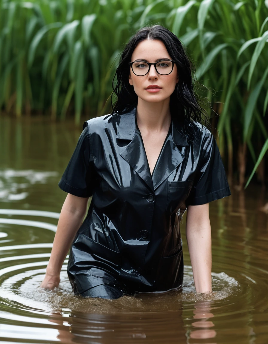 photo of young woman, in soaking wet, drenched clothes,
office shoes , tight black midi labcoat with short sleeves, tight black midi labcoat with short sleeves, walking submerged in flooded plant, 
enjoying, wet clothes stuck to body,
detailed textures of the wet clothes, wet face, wet plastered hair,
wet, drenched, professional, high-quality details, full body view.
sharp focus, ultra-high pixel detail, realistic, high-quality, full colors, incredibly detailed, 4k, 8k, 16k, hyper-realistic, RAW photo, masterpiece, ultra-detailed, professionally color graded, professional photograph, woman 51 years old, long black hair, very big and thick lips, office glasses, complete body, open mouth, dry skin, dry clothes, dry fabric, dry skin, dry clothes, dry fabric
