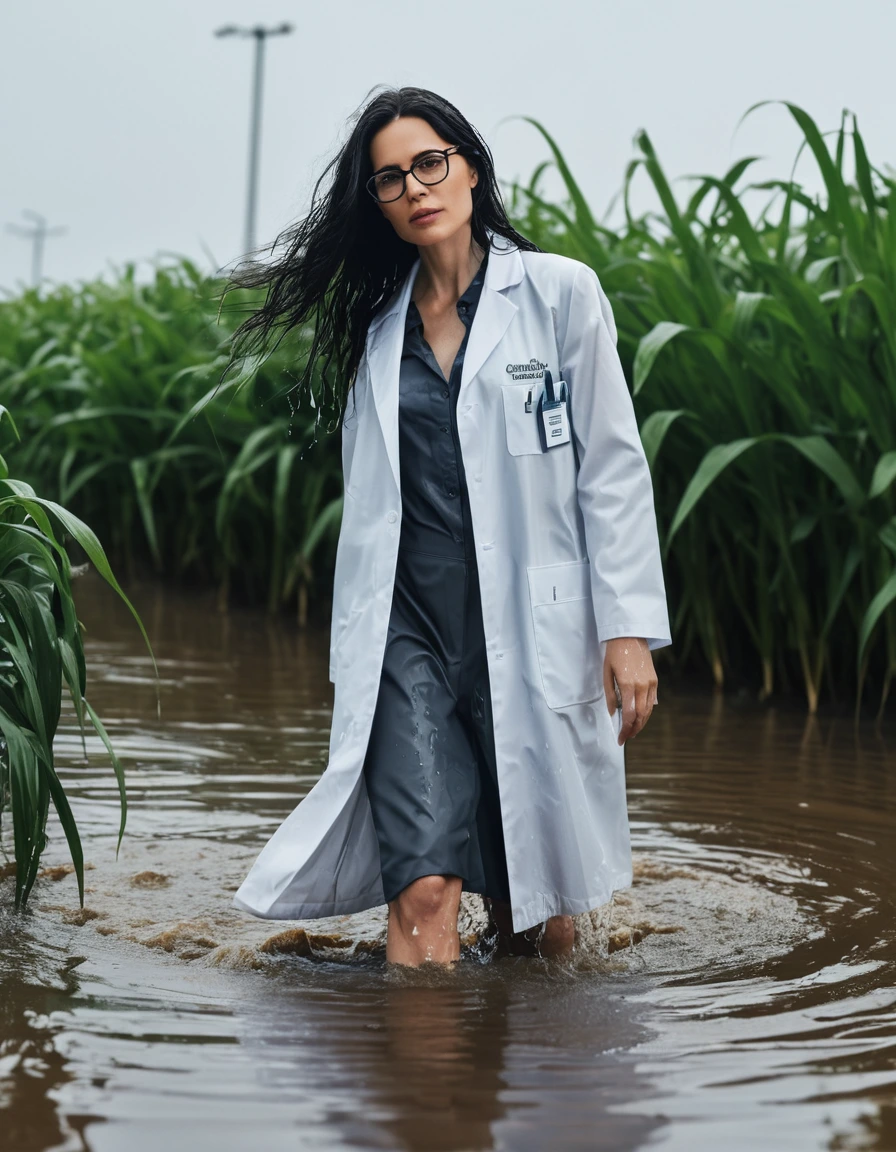 photo of young woman, in soaking wet, drenched clothes,
office shoes , white midi labcoat with long sleeves, white midi labcoat with long sleeves, walking complete submerged in flooded plant, 
enjoying, wet clothes stuck to body,
detailed textures of the wet clothes, wet face, wet plastered hair,
wet, drenched, professional, high-quality details, full body view.
sharp focus, ultra-high pixel detail, realistic, high-quality, full colors, incredibly detailed, 4k, 8k, 16k, hyper-realistic, RAW photo, masterpiece, ultra-detailed, professionally color graded, professional photograph, woman 51 years old, long black hair, very big and thick lips, office glasses, complete body, open mouth,, dry skin, dry clothes, dry fabric