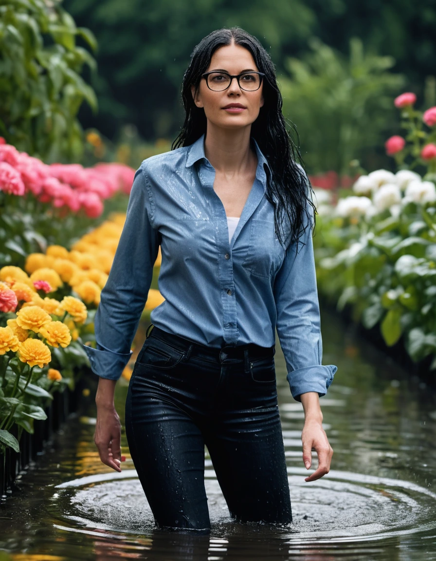 photo of young woman, in soaking wet, drenched clothes,
office shoes , long tight blue jeans shinning, black jeans shirt with long sleeves, walking in flooded flower garden, 
enjoying, wet clothes stuck to body,
detailed textures of the wet clothes, wet face, wet plastered hair,
wet, drenched, professional, high-quality details, full body view.
sharp focus, ultra-high pixel detail, realistic, high-quality, full colors, incredibly detailed, 4k, 8k, 16k, hyper-realistic, RAW photo, masterpiece, ultra-detailed, professionally color graded, professional photograph, woman 51 years old, long black hair, very big and thick lips, office glasses, complete body, open mouth,, dry skin, dry clothes, dry fabric