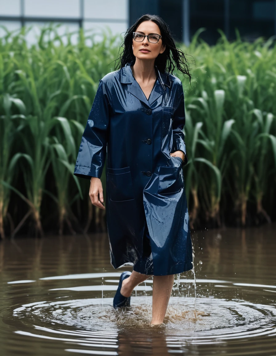 photo of young woman, in soaking wet, drenched clothes,
office shoes , dark blue midi labcoat with sleeves, dark blue midi labcoat with sleeves, walking submerged in flooded plant, 
enjoying, wet clothes stuck to body,
detailed textures of the wet clothes, wet face, wet plastered hair,
wet, drenched, professional, high-quality details, full body view.
sharp focus, ultra-high pixel detail, realistic, high-quality, full colors, incredibly detailed, 4k, 8k, 16k, hyper-realistic, RAW photo, masterpiece, ultra-detailed, professionally color graded, professional photograph, woman 51 years old, long black hair, very big and thick lips, office glasses, complete body, open mouth,, dry skin, dry clothes, dry fabric