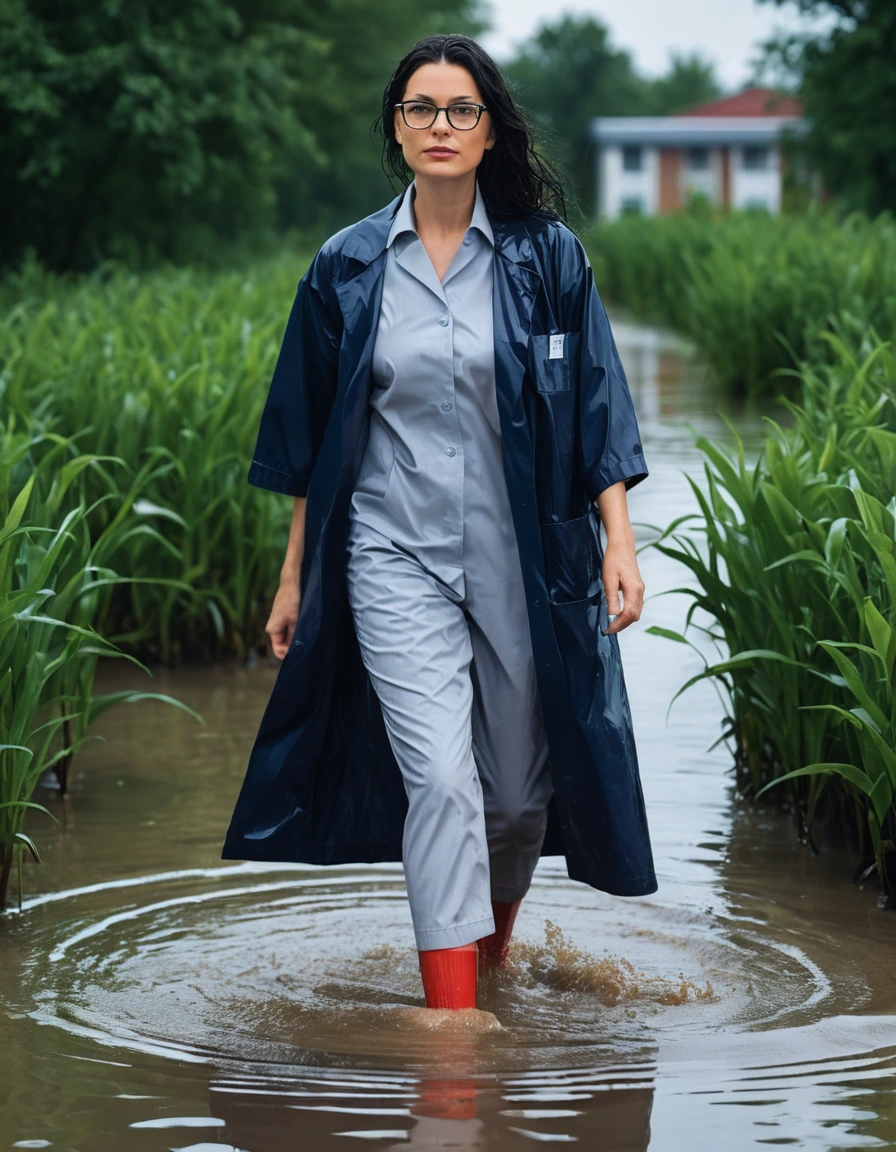 photo of young woman, in soaking wet, drenched clothes,
office shoes , dark blue midi labcoat with short sleeves, dark blue midi labcoat with short sleeves, walking submerged in flooded plant, 
enjoying, wet clothes stuck to body,
detailed textures of the wet clothes, wet face, wet plastered hair,
wet, drenched, professional, high-quality details, full body view.
sharp focus, ultra-high pixel detail, realistic, high-quality, full colors, incredibly detailed, 4k, 8k, 16k, hyper-realistic, RAW photo, masterpiece, ultra-detailed, professionally color graded, professional photograph, woman 51 years old, long black hair, very big and thick lips, office glasses, complete body, open mouth, dry skin, dry clothes, dry fabric