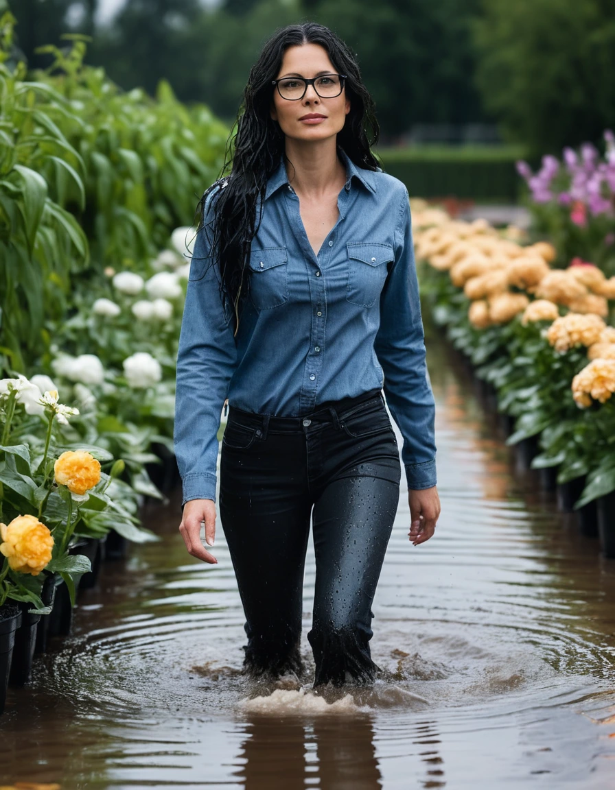 photo of young woman, in soaking wet, drenched clothes,
office shoes , long tight blue jeans shinning, black jeans shirt with long sleeves, walking in flooded flower garden, 
enjoying, wet clothes stuck to body,
detailed textures of the wet clothes, wet face, wet plastered hair,
wet, drenched, professional, high-quality details, full body view.
sharp focus, ultra-high pixel detail, realistic, high-quality, full colors, incredibly detailed, 4k, 8k, 16k, hyper-realistic, RAW photo, masterpiece, ultra-detailed, professionally color graded, professional photograph, woman 51 years old, long black hair, very big and thick lips, office glasses, complete body, open mouth,, dry skin, dry clothes, dry fabric