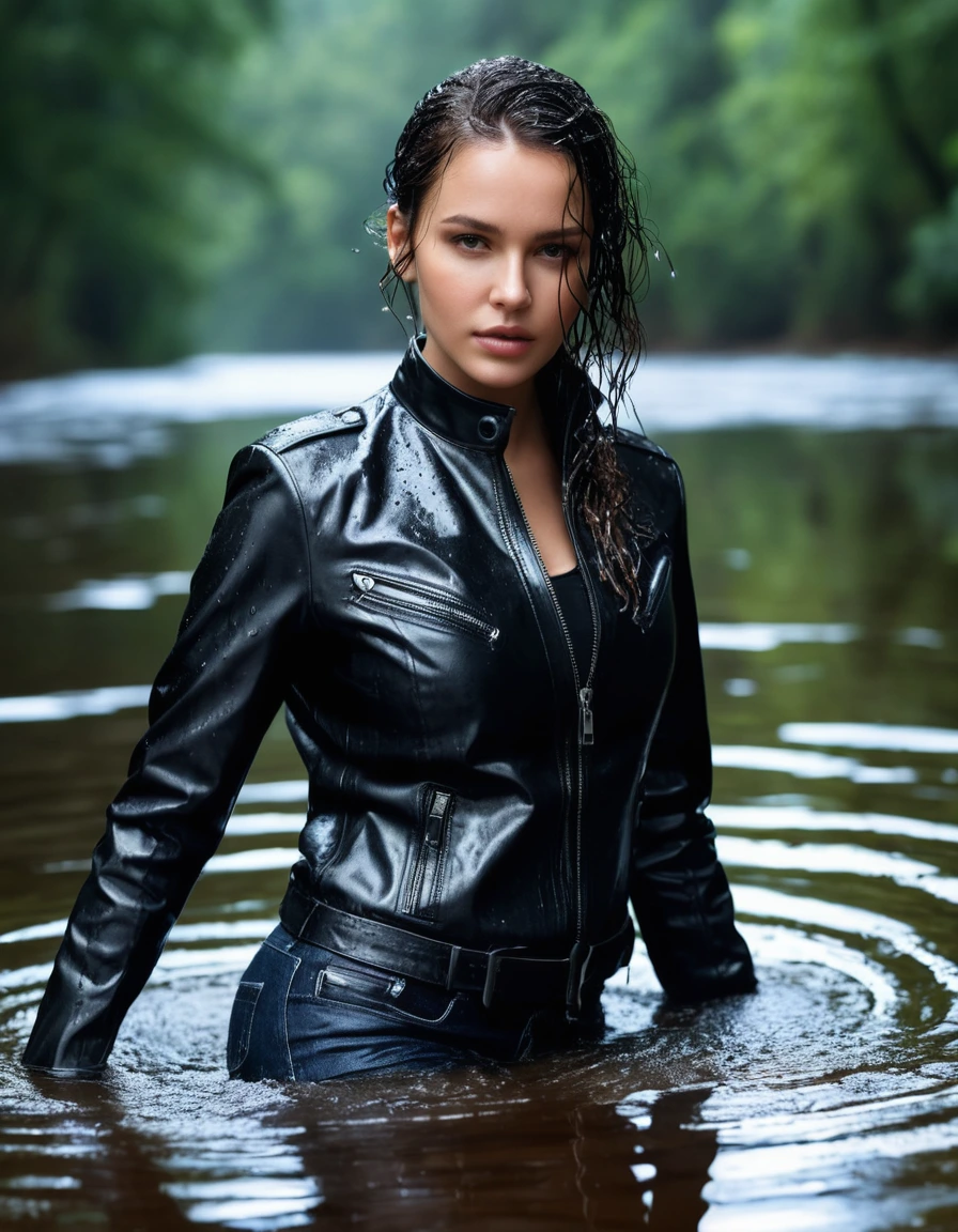 photo of young woman, in soaking wet, drenched clothes,
Black leather ankle boots, soaked and glistening , skin tight black leather jeans, saturated, black long sleeve leather shirt, black bikers leather jacket , snow covered forest, lying sbmerged in a river, head and sholders above the water, drenched, close up, 
enjoying, wet clothes stuck to body,
detailed textures of the wet clothes, wet face, wet plastered hair,
wet, drenched, professional, high-quality details, full body view.
sharp focus, ultra-high pixel detail, realistic, high-quality, full colors, incredibly detailed, 4k, 8k, 16k, hyper-realistic, RAW photo, masterpiece, ultra-detailed, professionally color graded, professional photograph, intense wind-driven rain, hyper-realistic water droplets, cinematic rim lighting, fabric transparency, high-fashion editorial aesthetic, drenched hair, dry skin, dry clothes, dry fabric
