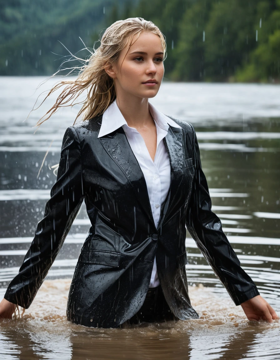 photo of young woman, in soaking wet, drenched clothes,
Black Long Business Trouser, Black Business Suit Jacket with white button down business shirt longsleeve, Clear Mountain lake with heavy rain, 
enjoying, wet clothes stuck to body,
detailed textures of the wet clothes, wet face, wet plastered hair,
wet, drenched, professional, high-quality details, full body view.
sharp focus, ultra-high pixel detail, realistic, high-quality, full colors, incredibly detailed, 4k, 8k, 16k, hyper-realistic, RAW photo, masterpiece, ultra-detailed, professionally color graded, professional photograph, young elegant beautiful white Blonde women, breast deep submerged, under a big rainshower, fully clothed, completely soaked, fully drenched, completely wet, wetlook, heavy rain, side parting, long hair, rain storm, looks confidently into camera, dry skin, dry clothes, dry fabric