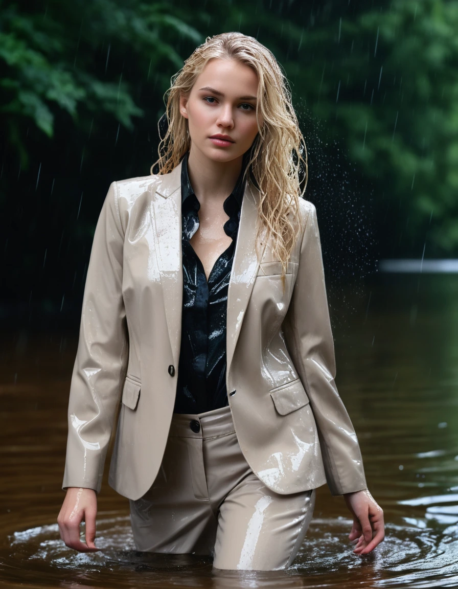 photo of young woman, in soaking wet, drenched clothes,
Beige Long Business Trouser, Beige Business Suit Jacket with Black button down business shirt longsleeve, Clear Mountain lake with heavy rain, 
enjoying, wet clothes stuck to body,
detailed textures of the wet clothes, wet face, wet plastered hair,
wet, drenched, professional, high-quality details, full body view.
sharp focus, ultra-high pixel detail, realistic, high-quality, full colors, incredibly detailed, 4k, 8k, 16k, hyper-realistic, RAW photo, masterpiece, ultra-detailed, professionally color graded, professional photograph, young elegant beautiful white Blonde women, breast deep submerged, under a big rainshower, fully clothed, completely soaked, fully drenched, completely wet, wetlook, heavy rain, side parting, long hair, rain storm, looks confidently into camera, dry skin, dry clothes, dry fabric