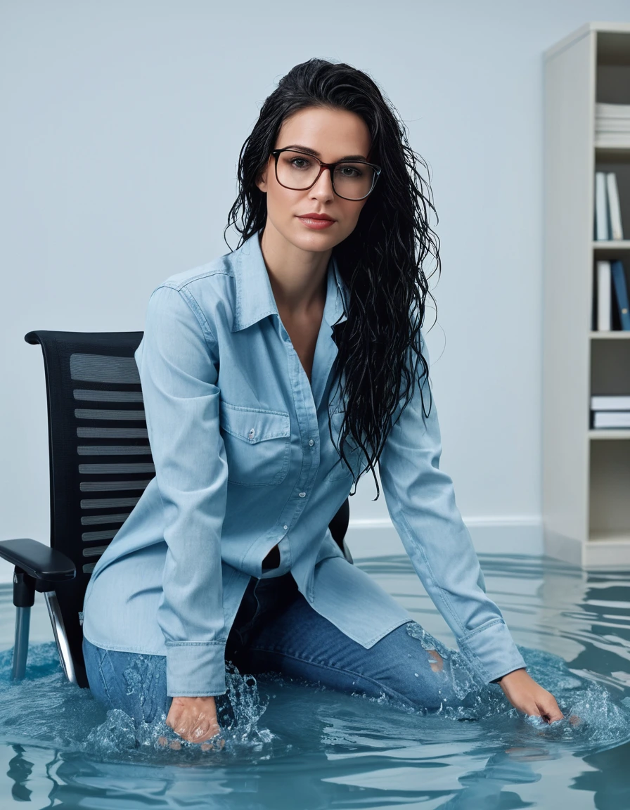 photo of young woman, in soaking wet, drenched clothes,
office shoes , long light blue jeans, light blue jeans shirt with long sleeves, in flooded office room on the swivel chair. Half meter water level in the office, 
enjoying, wet clothes stuck to body,
detailed textures of the wet clothes, wet face, wet plastered hair,
wet, drenched, professional, high-quality details, full body view.
sharp focus, ultra-high pixel detail, realistic, high-quality, full colors, incredibly detailed, 4k, 8k, 16k, hyper-realistic, RAW photo, masterpiece, ultra-detailed, professionally color graded, professional photograph, woman 51 years old, long black hair, very big and thick lips, office glasses, complete body, open mouth,, dry skin, dry clothes, dry fabric